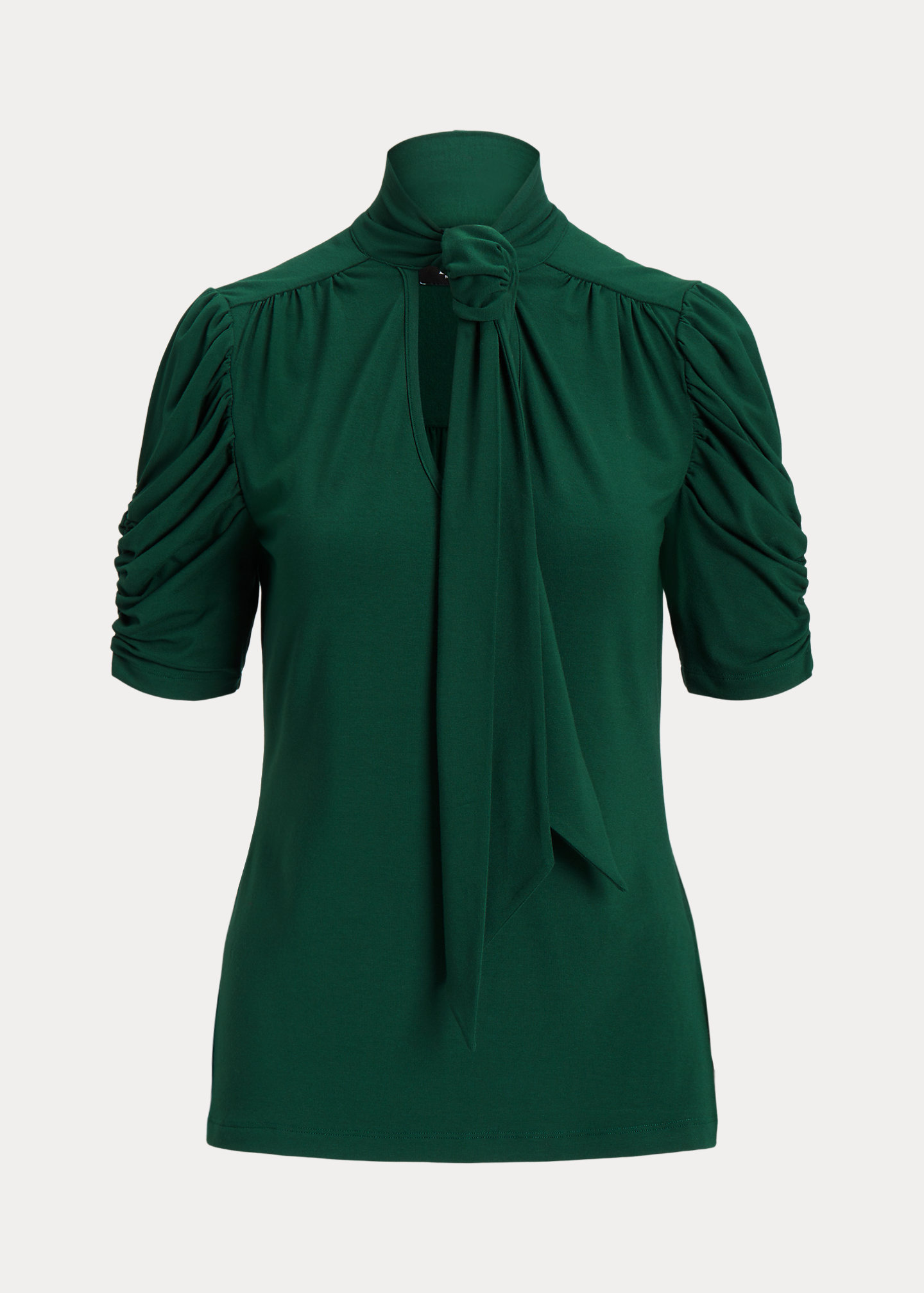 Jersey Puff-Sleeve Tie-Neck Top