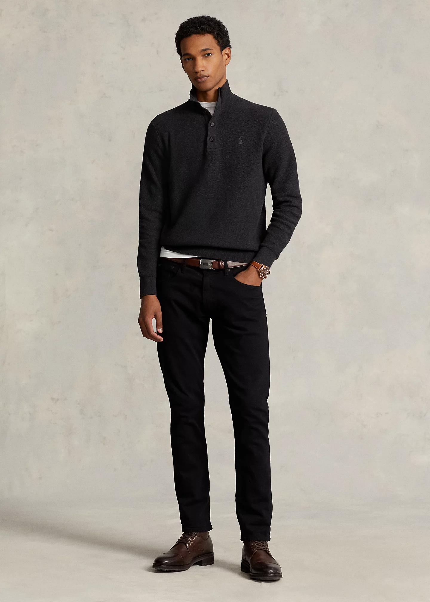 Mesh-Knit Cotton Mockneck Sweater