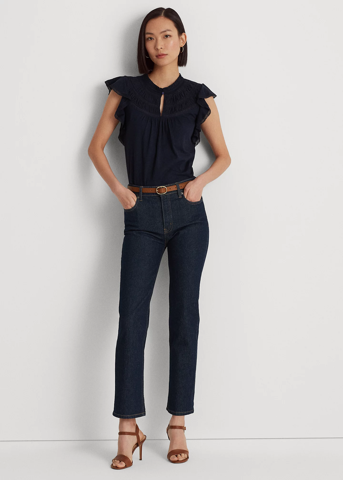 Lace-Trim Jersey Flutter-Sleeve Blouse