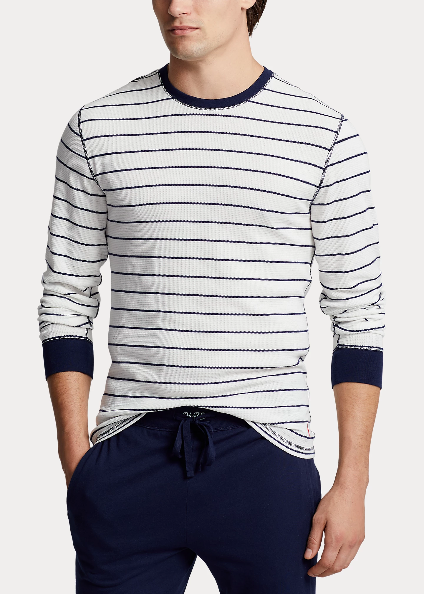 Striped Waffle-Knit Crewneck Sleep Shirt