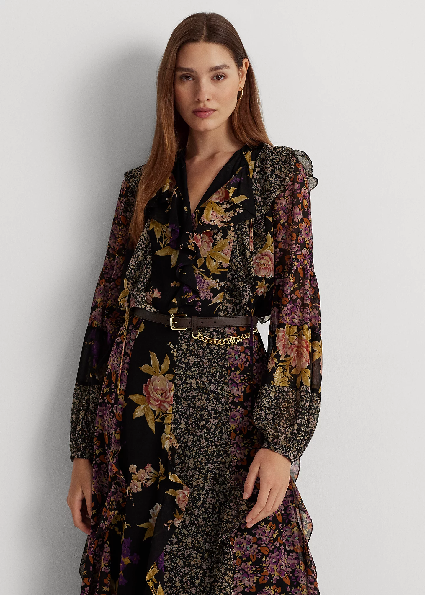 Floral Ruffle-Trim Georgette Blouse