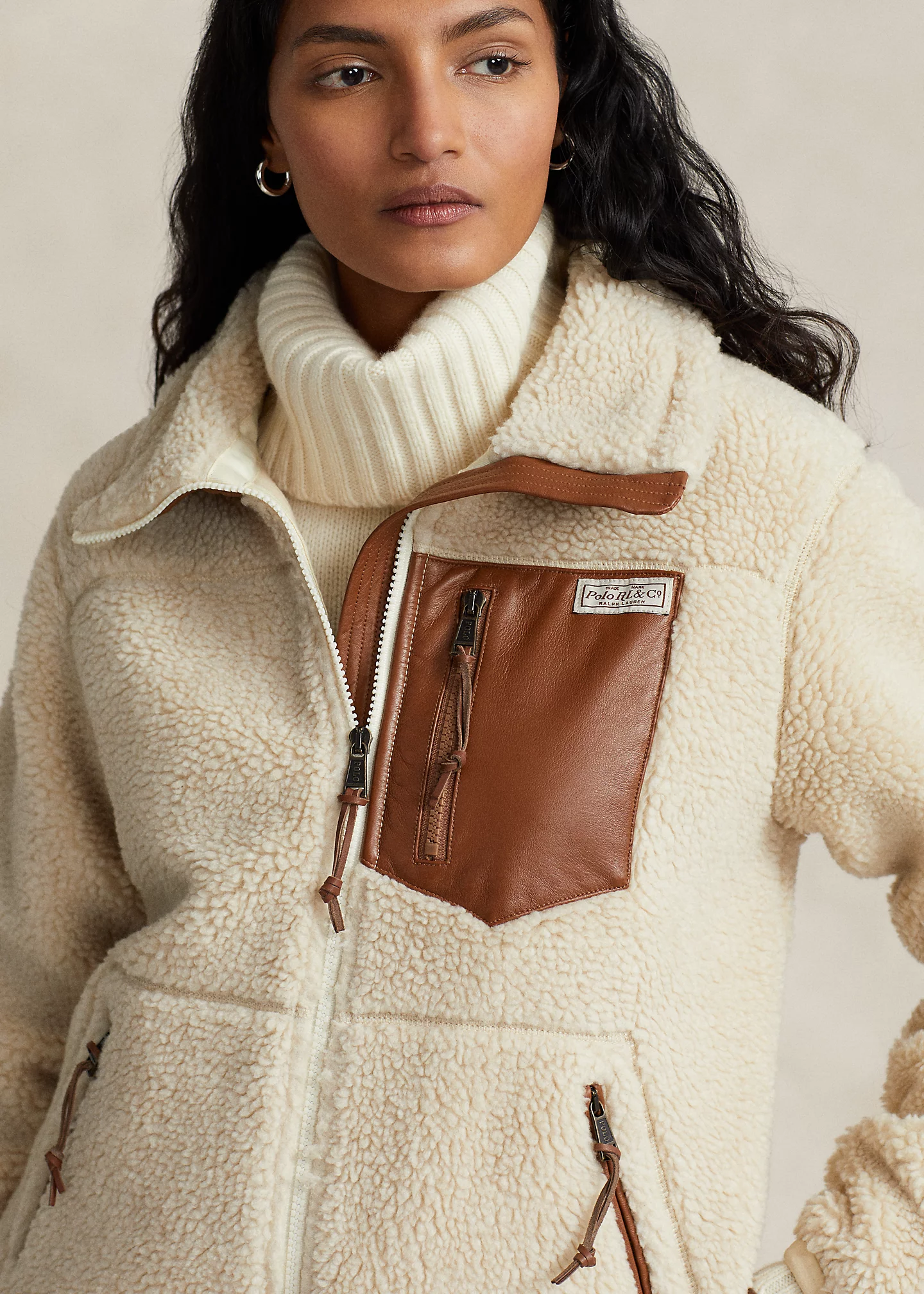 Leather-Trim High-Pile Fleece Jacket