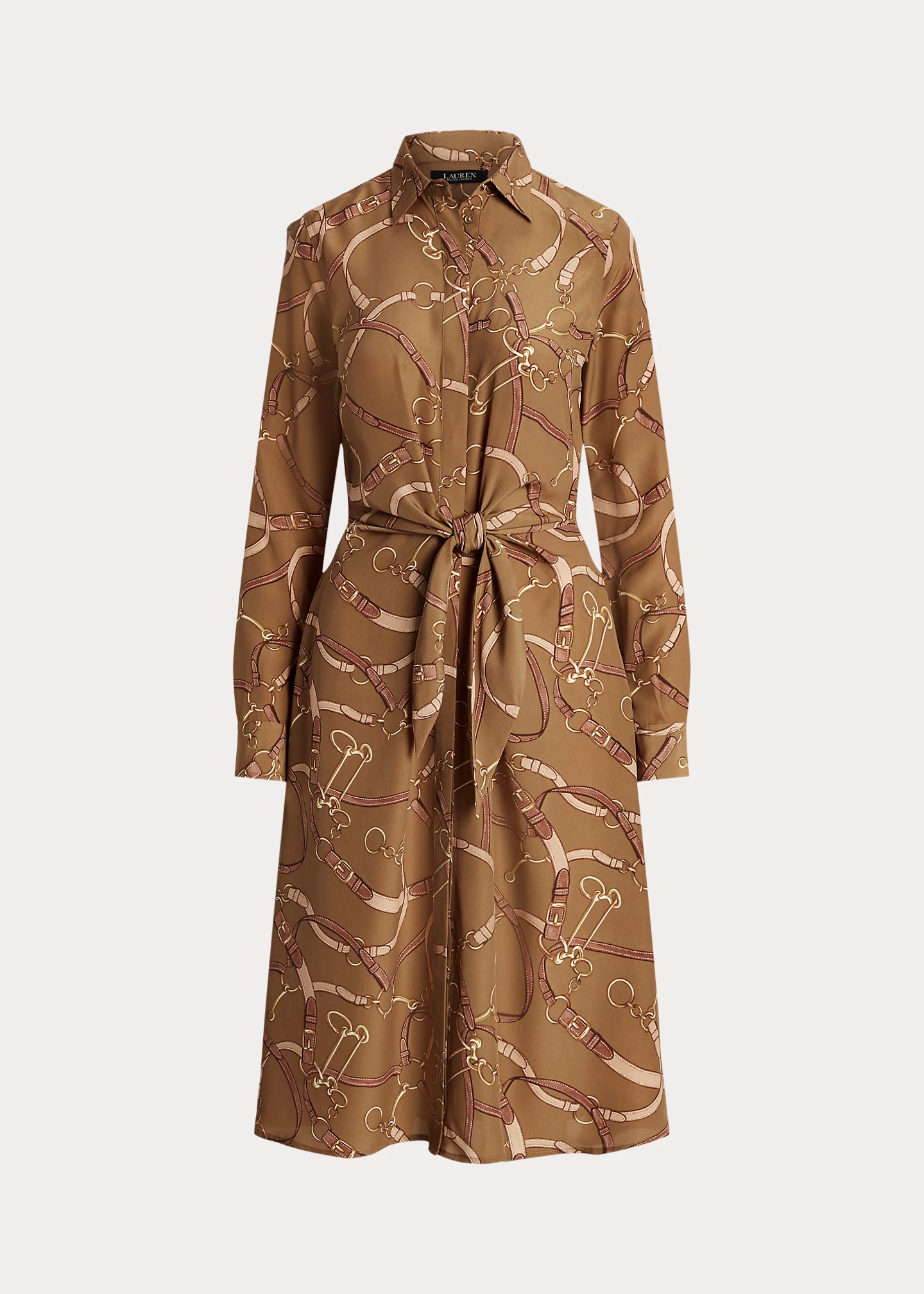 Belting-Print Tie-Front Crepe Shirtdress