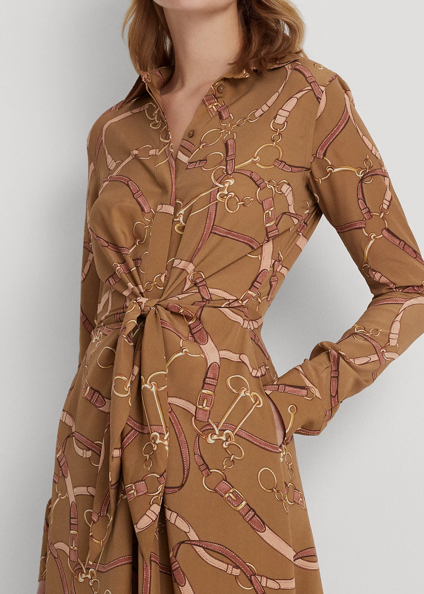 Belting-Print Tie-Front Crepe Shirtdress
