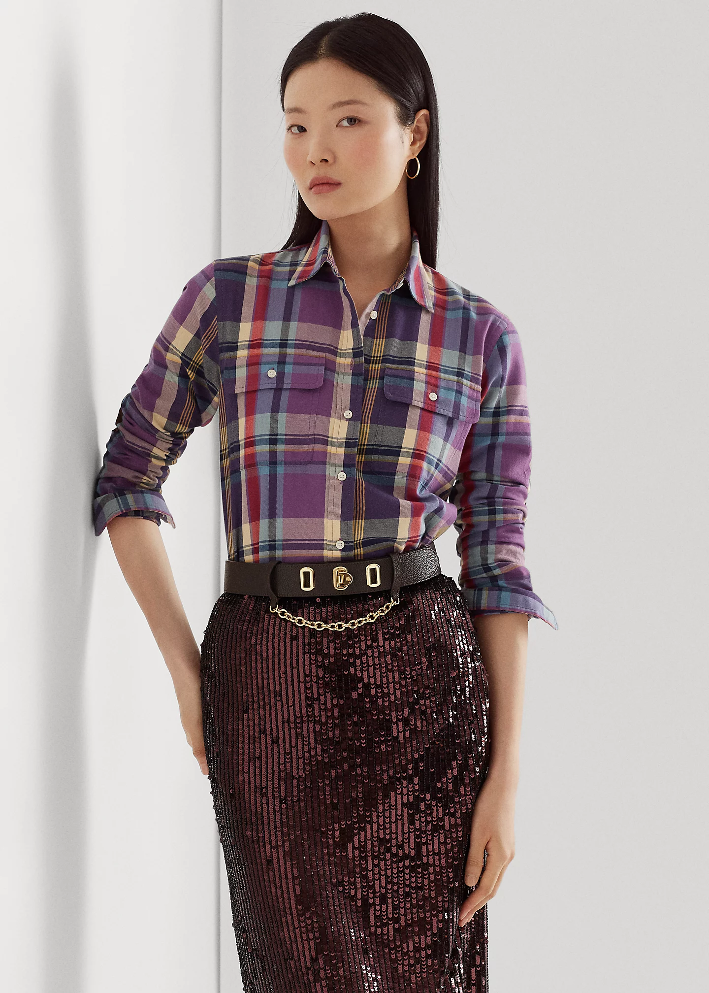 Plaid Suede-Trim Cotton Twill Shirt