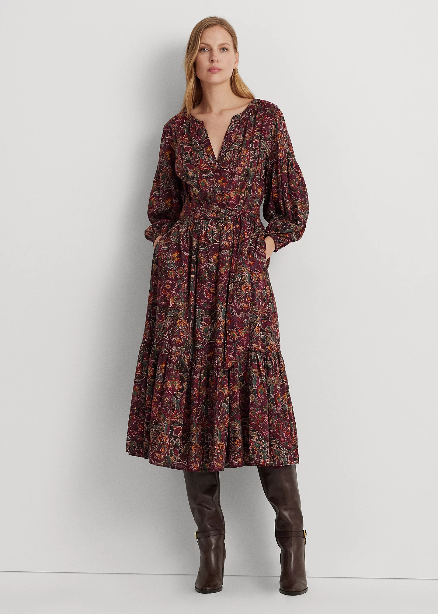 Floral Belted Cotton Voile Tiered Dress