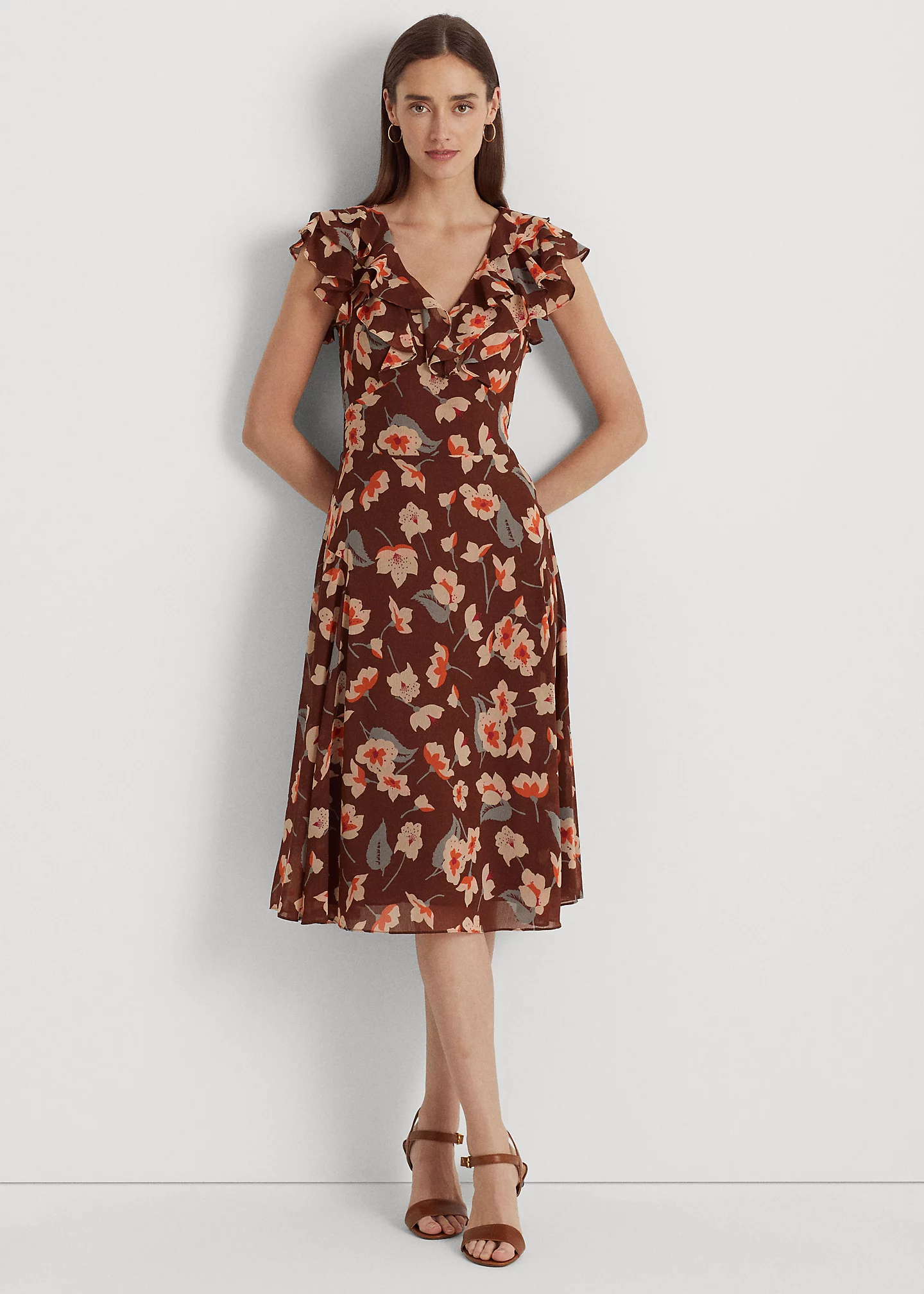 Floral Ruffle-Trim Georgette Dress