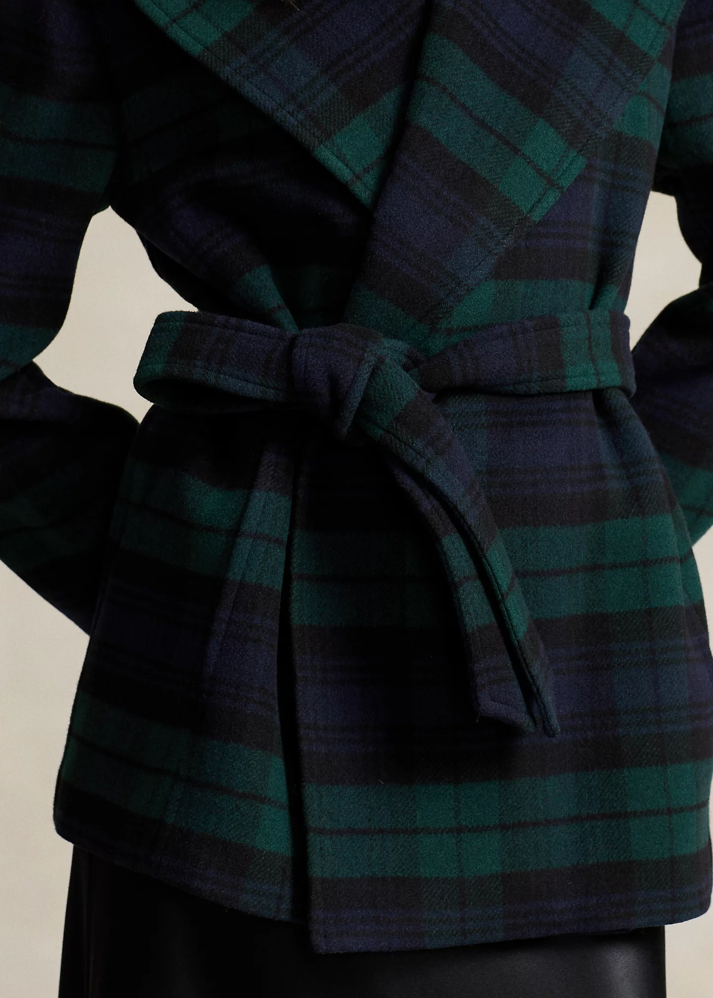 Plaid Wool-Blend Twill Wrap Coat