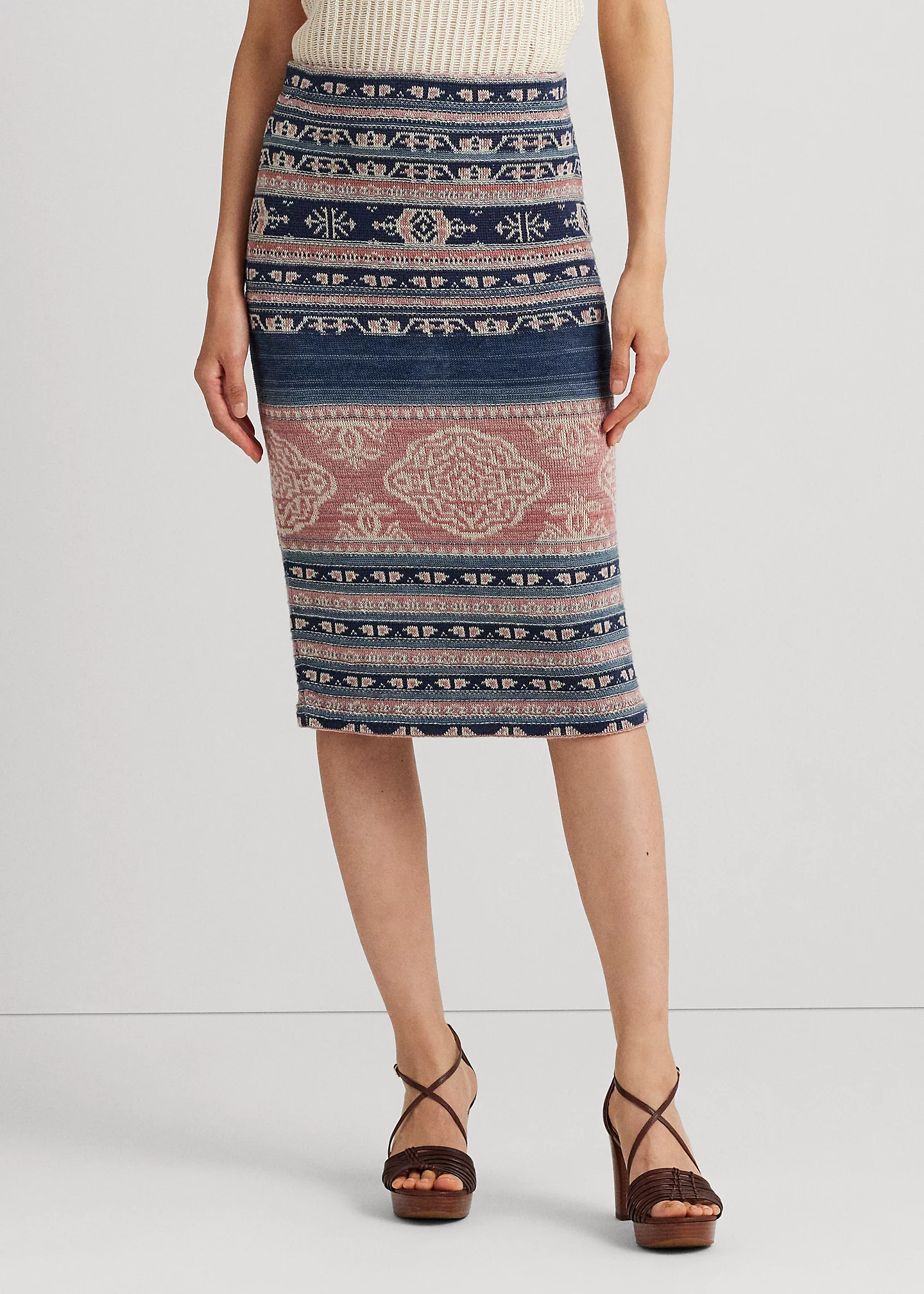 Geo-Motif Linen-Cotton Pencil Skirt