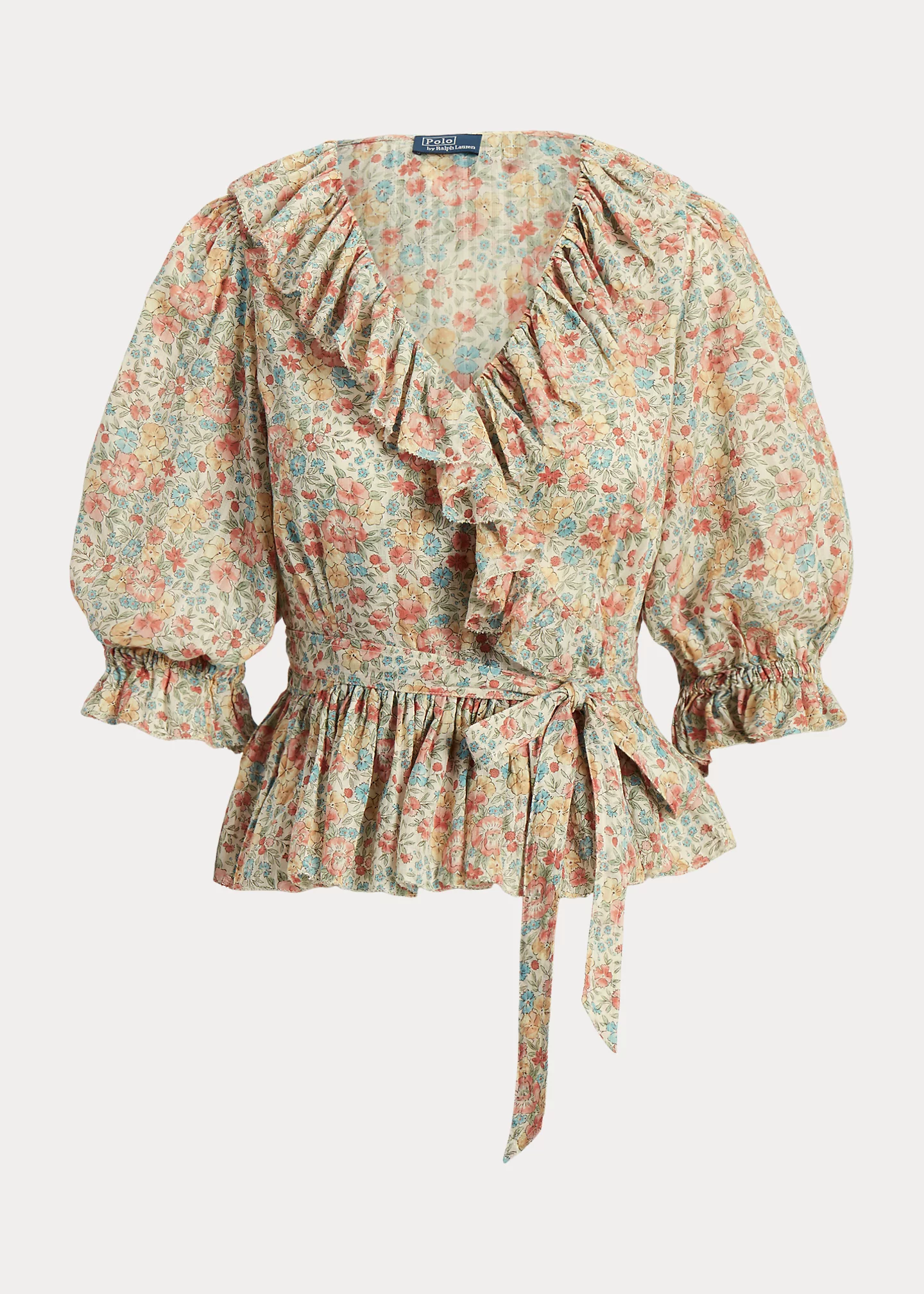 Ruffled Floral Motif Cotton Wrap Top