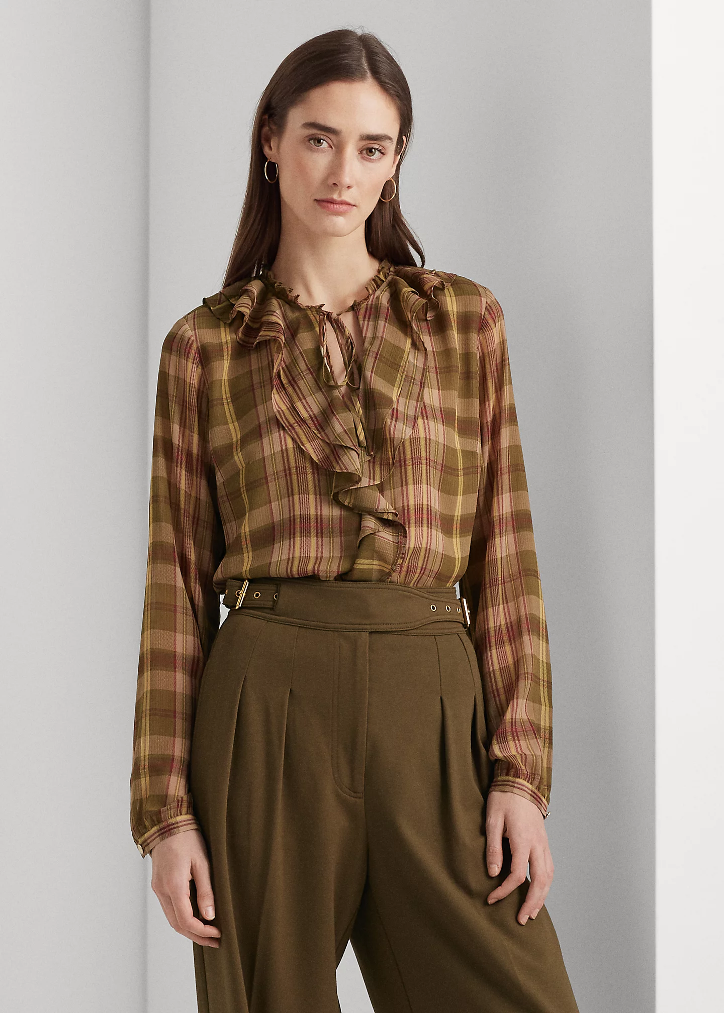 Plaid Ruffle-Trim Georgette Blouse