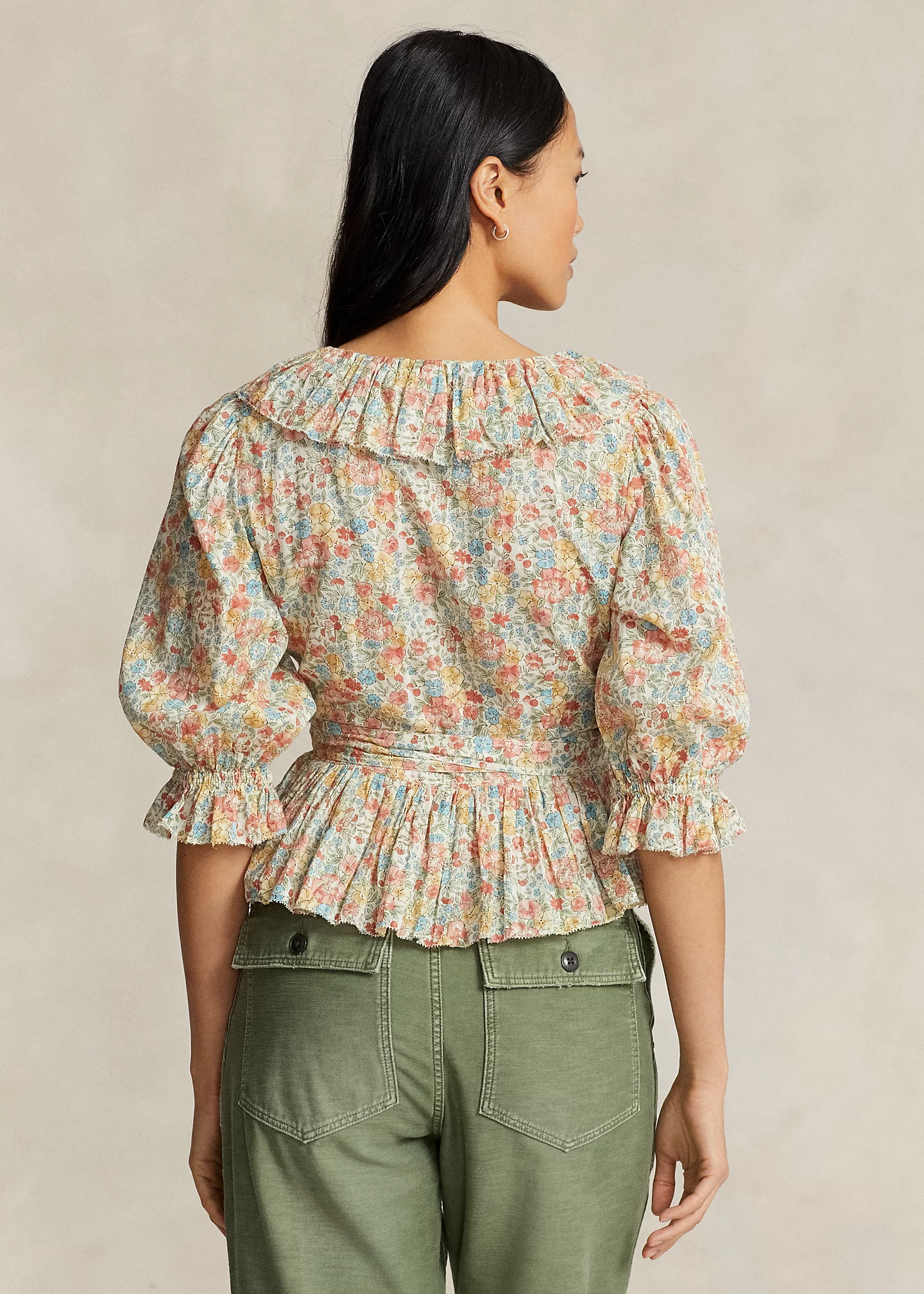 Ruffled Floral Motif Cotton Wrap Top