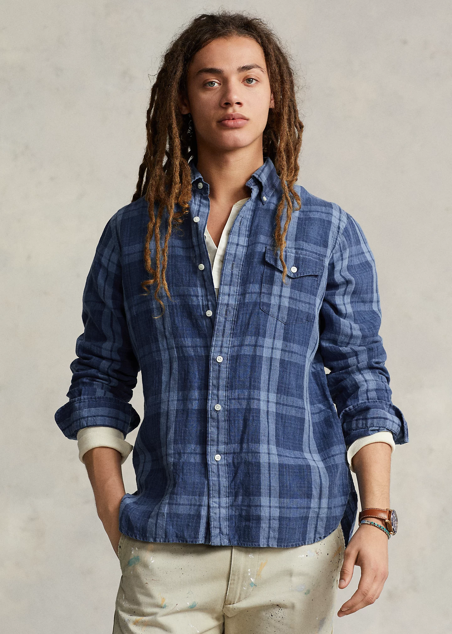 Classic Fit Plaid Indigo Linen Shirt