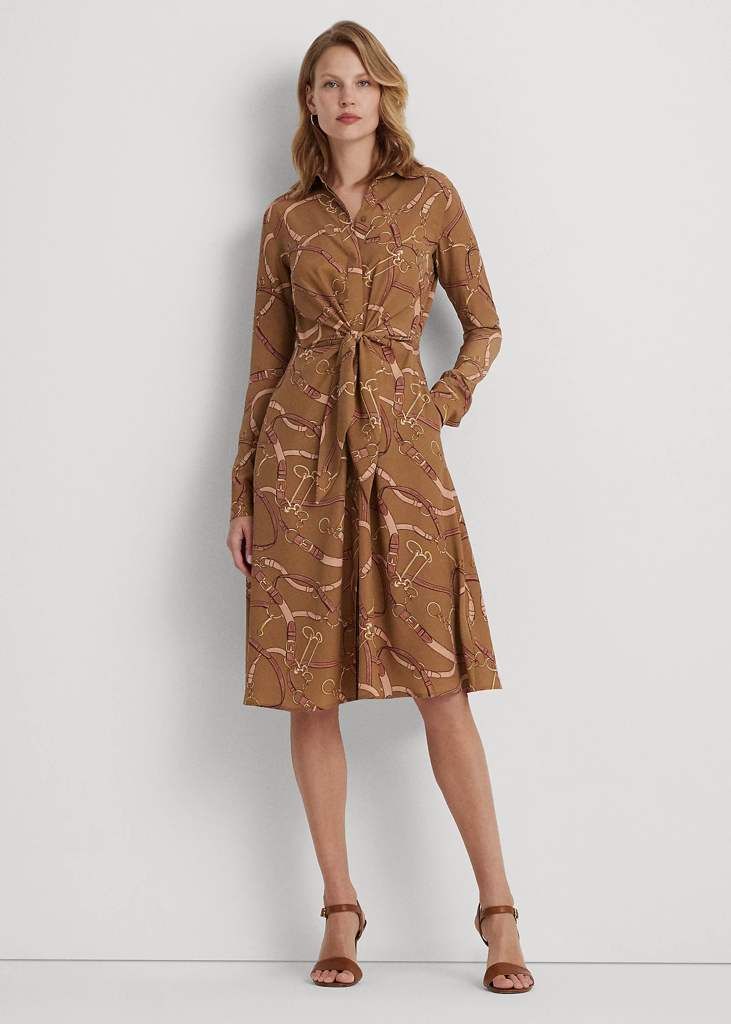 Belting-Print Tie-Front Crepe Shirtdress