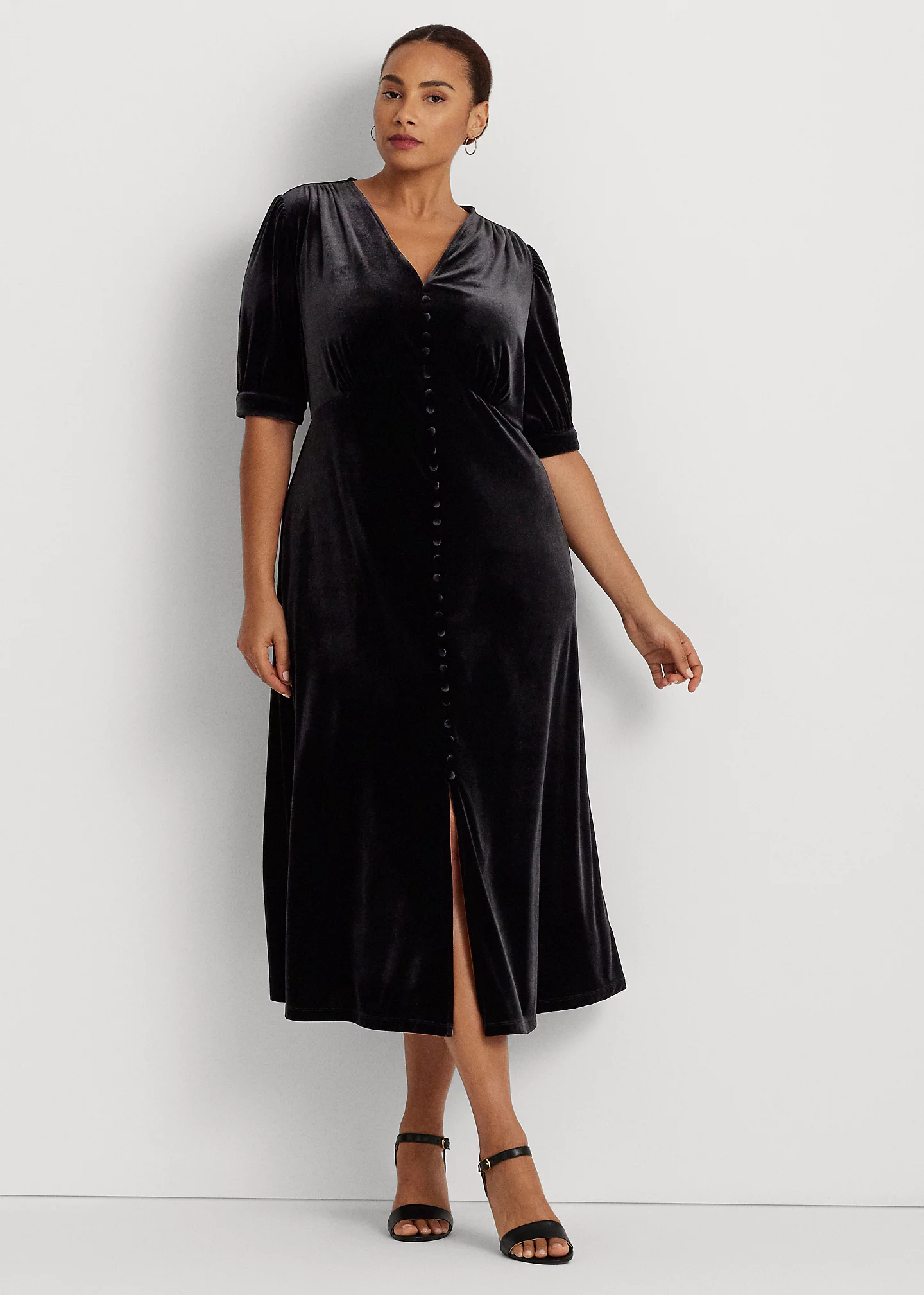 Stretch Velvet Puff-Sleeve Midi Dress