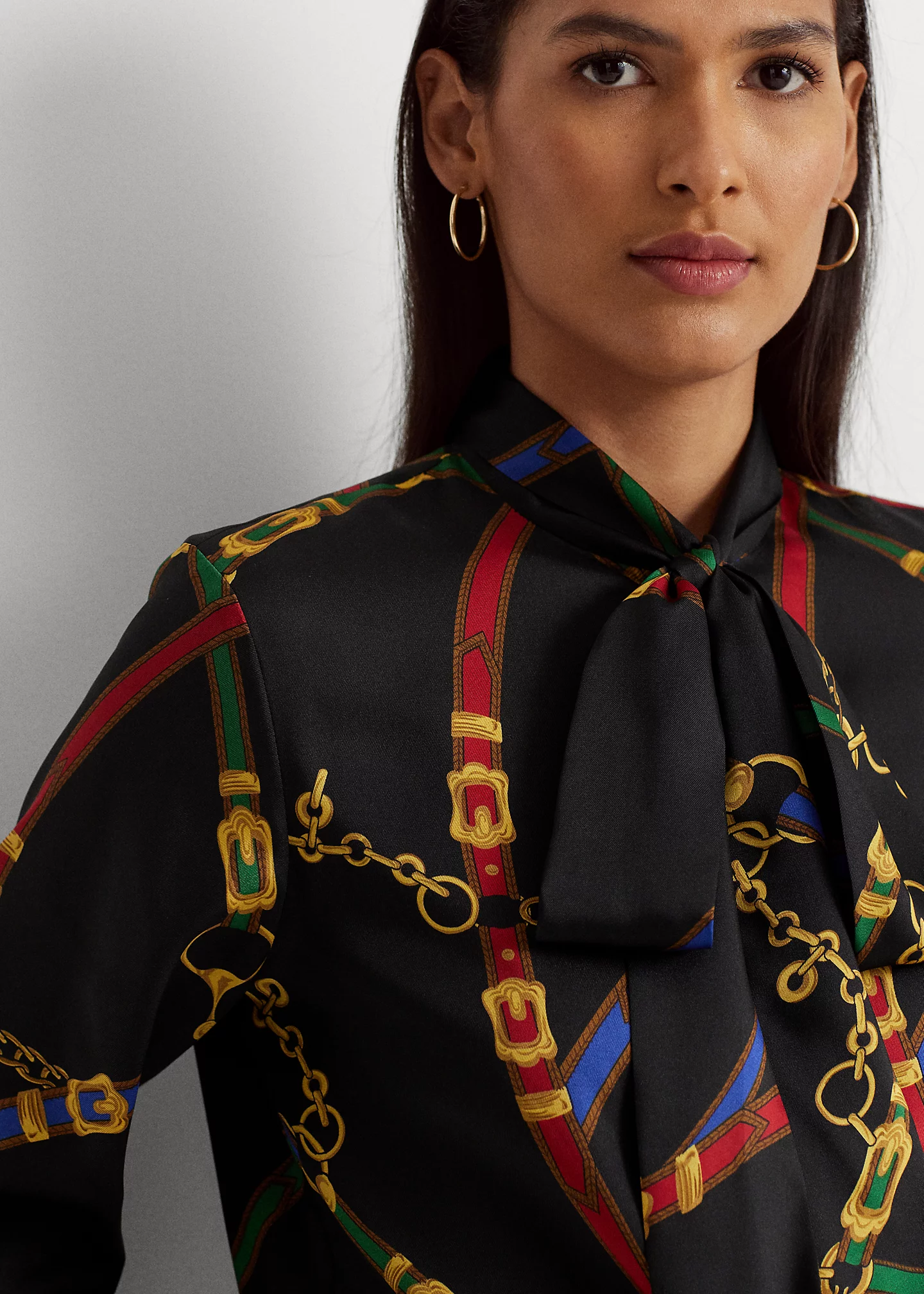 Belting-Print Twill Tie-Neck Blouse