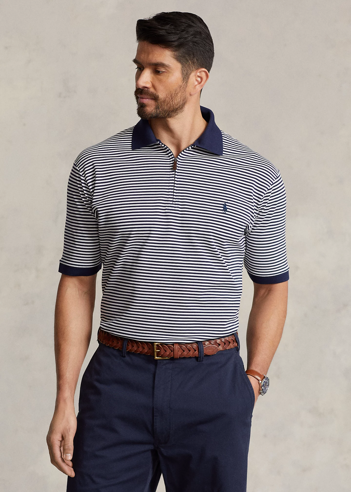Striped Stretch Mesh Zip Polo Shirt