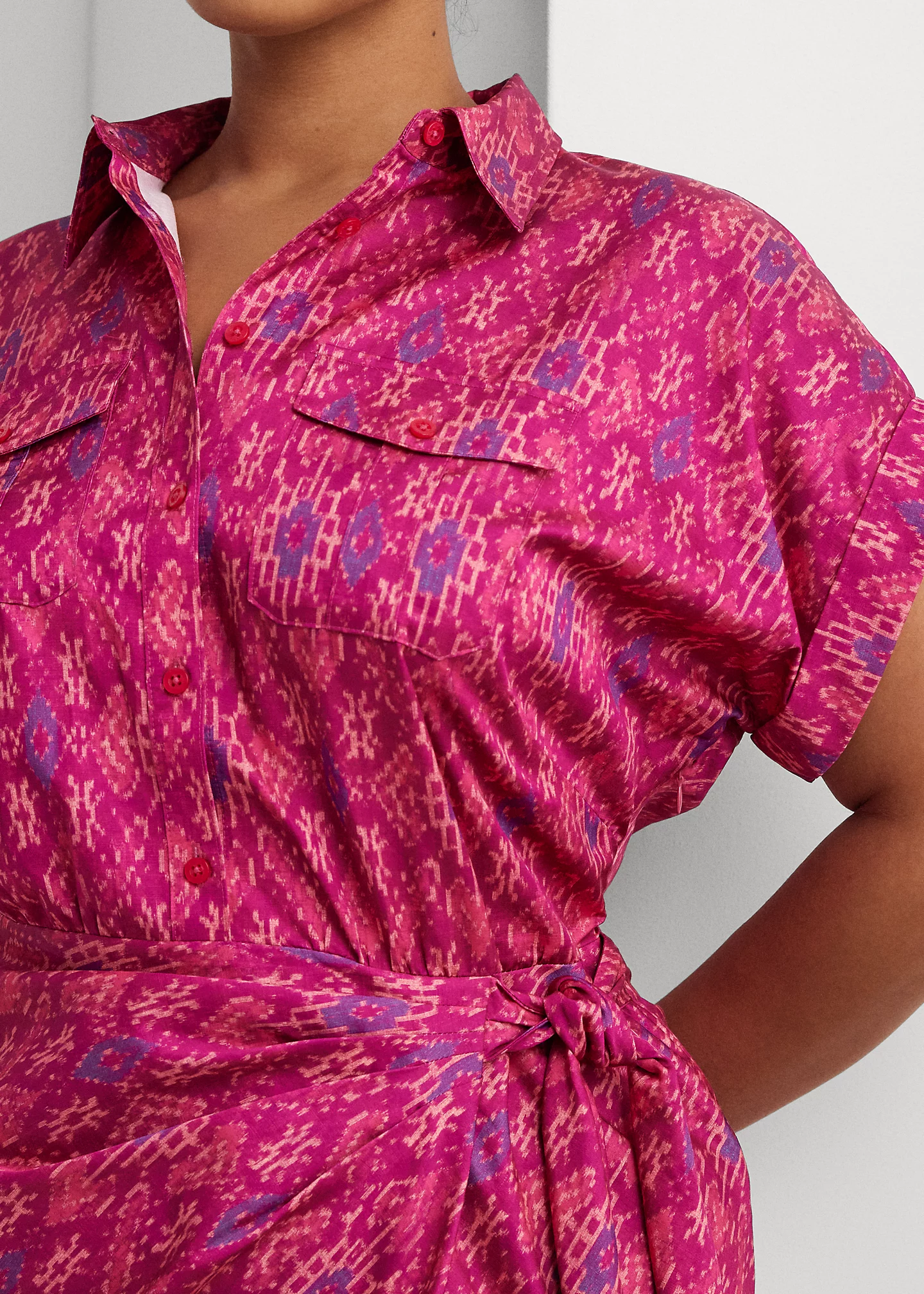 Geo-Print Shantung Tie-Waist Dress