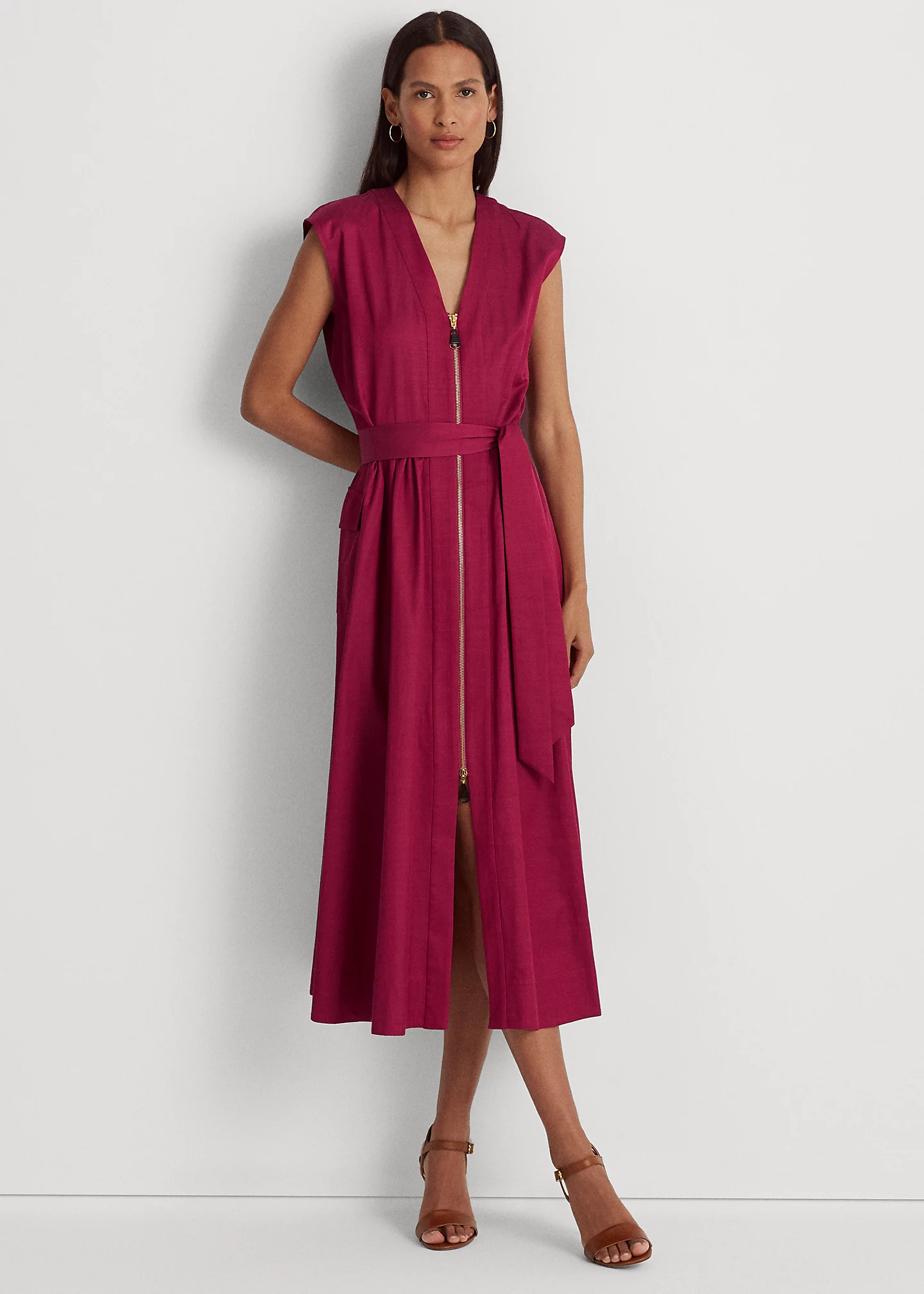 Belted Shantung Cap-Sleeve Dress