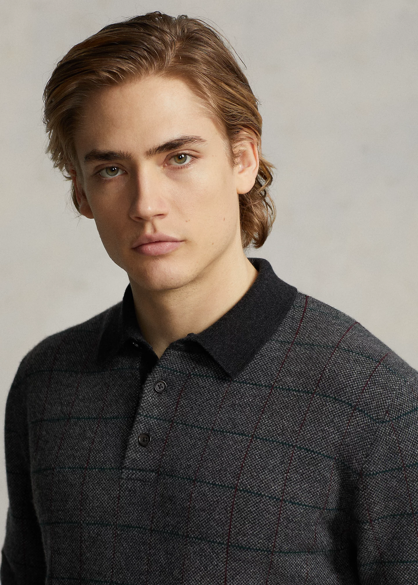 Checked Wool Polo-Collar Sweater