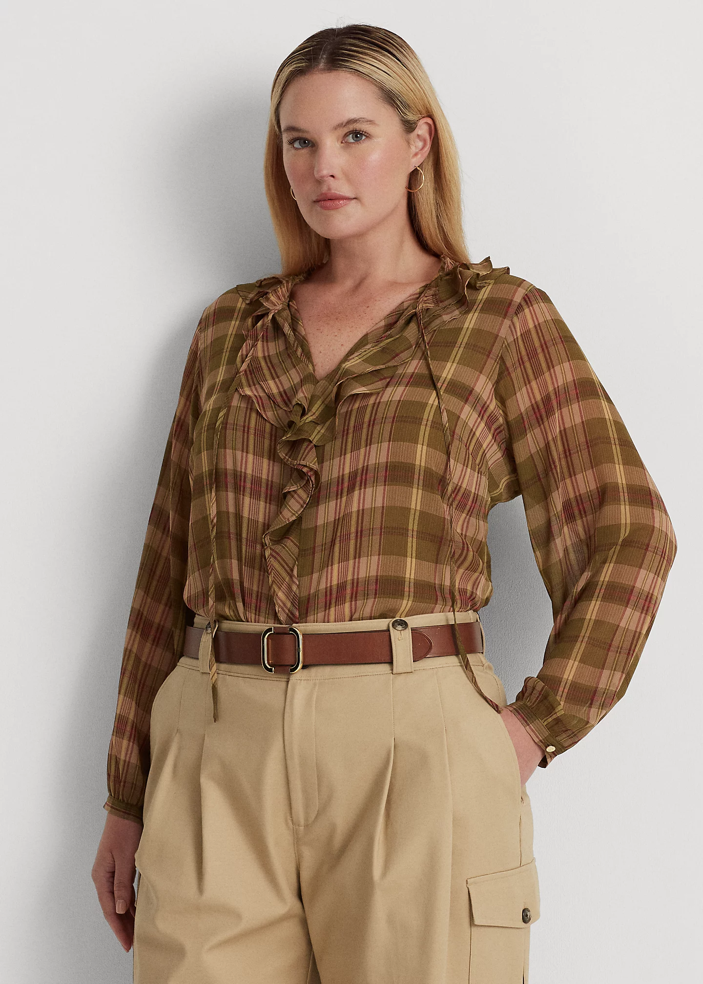 Plaid Ruffle-Trim Georgette Blouse