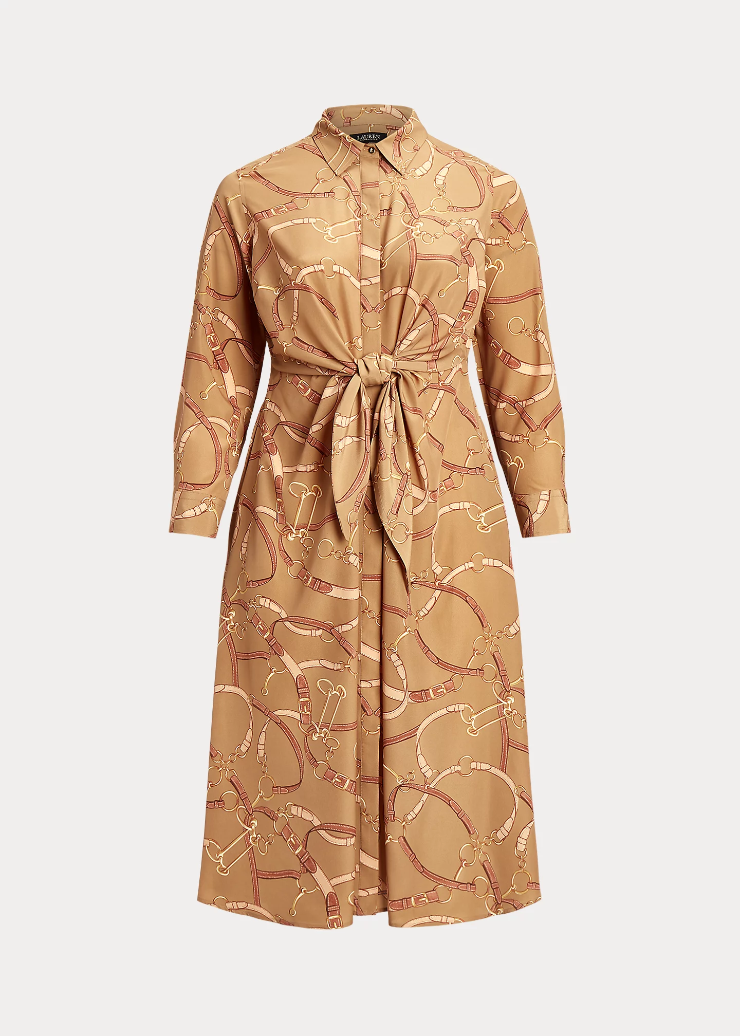 Belting-Print Tie-Front Crepe Shirtdress