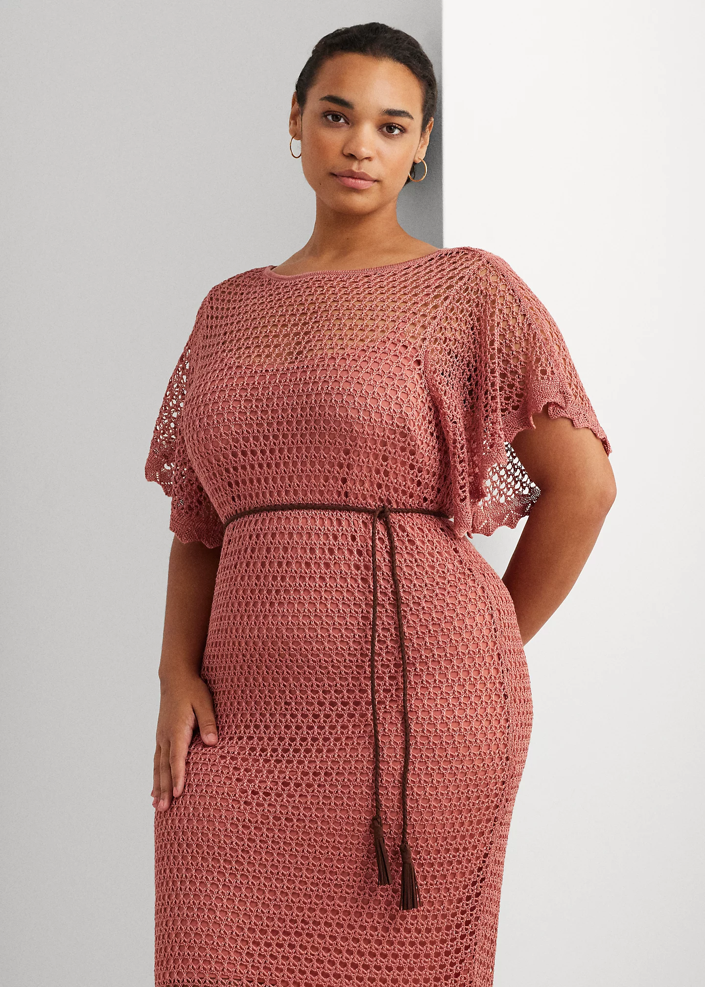 Belted Linen-Blend Pointelle-Knit Dress