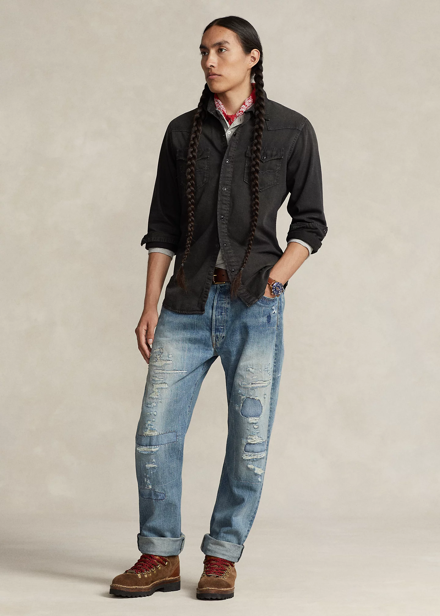 Garment-Dyed Denim Western Shirt