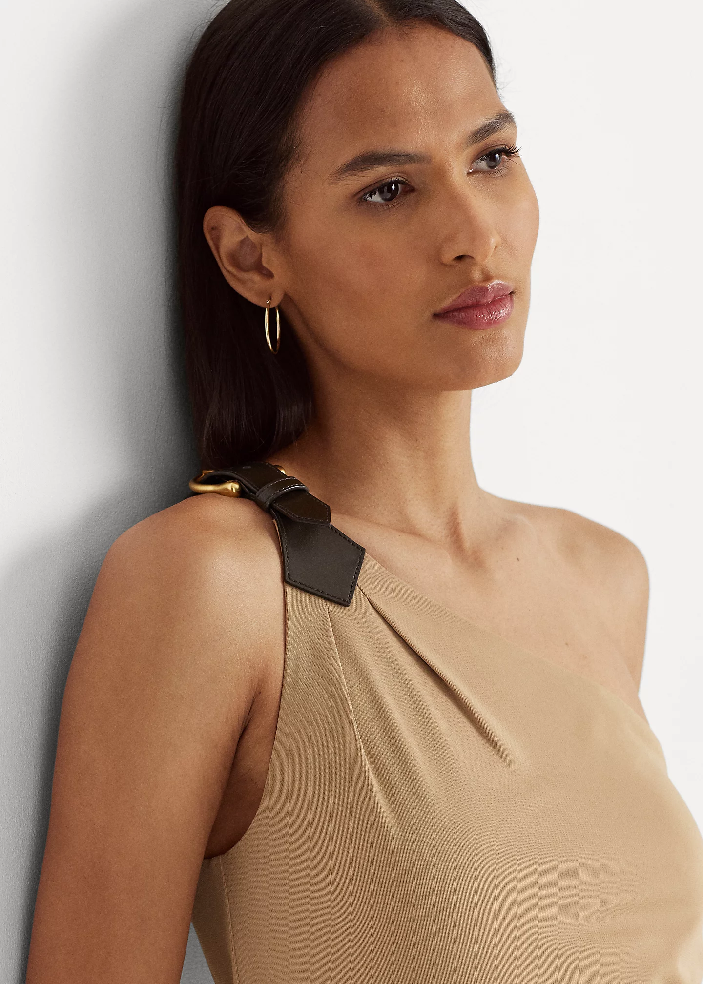 Buckle-Trim Jersey One-Shoulder Top