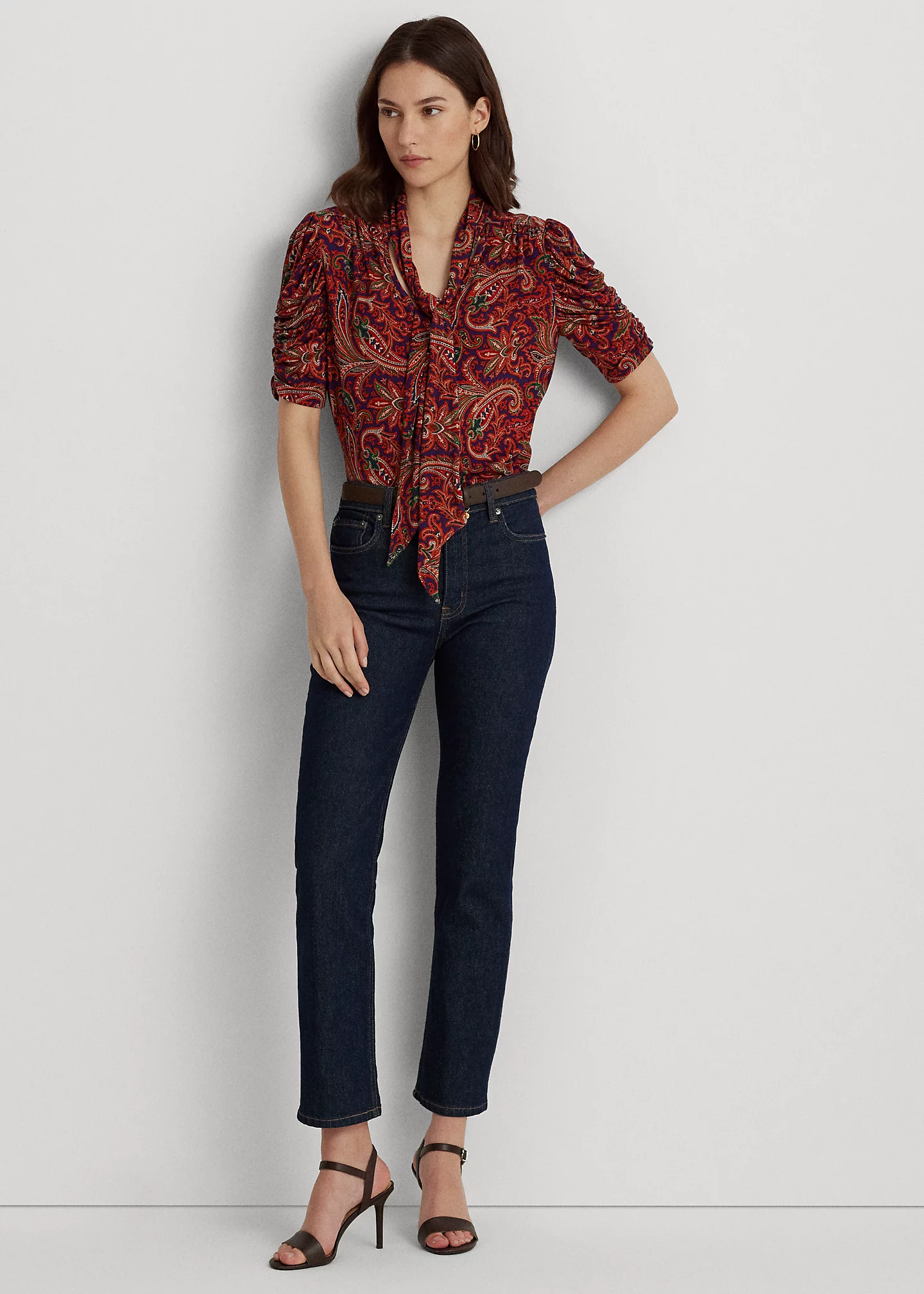 Paisley Jersey Puff-Sleeve Tie-Neck Top
