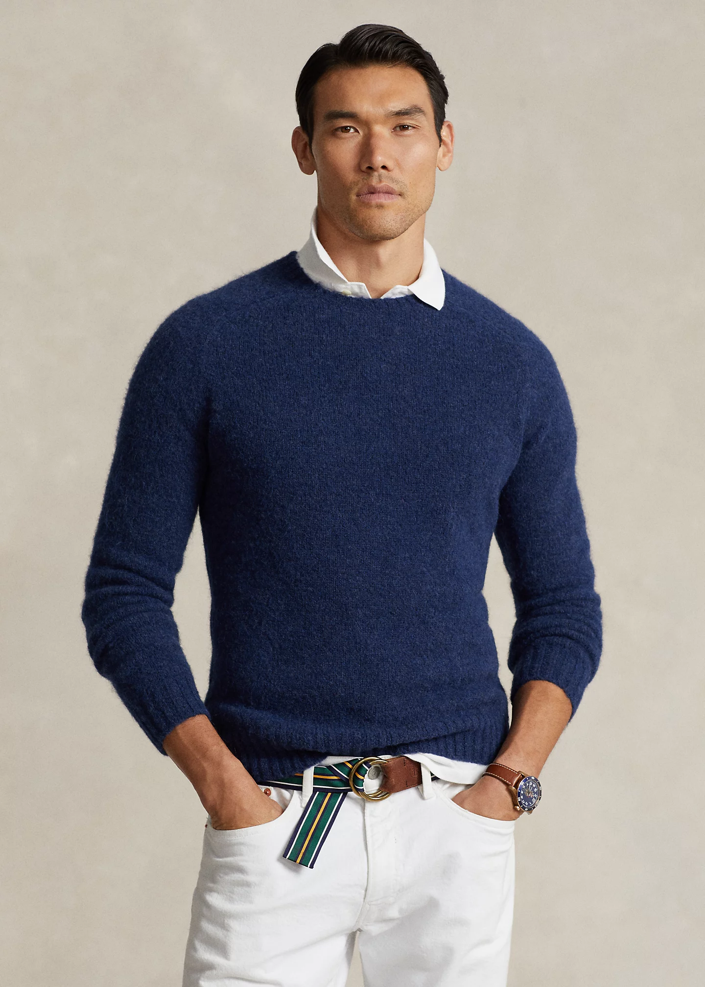 Suede-Patch Crewneck Sweater