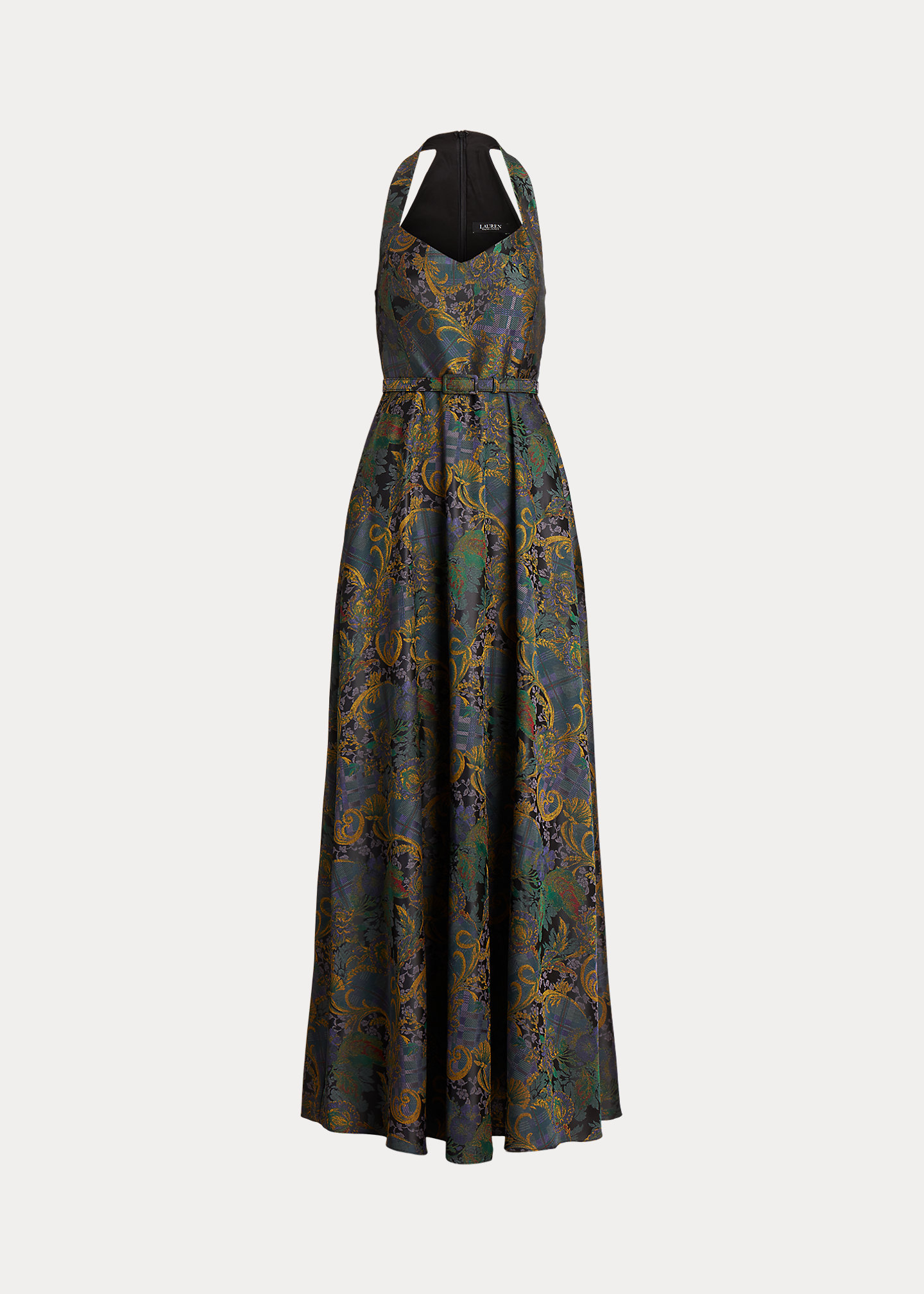 Mixed-Motif Belted Jacquard Halter Gown