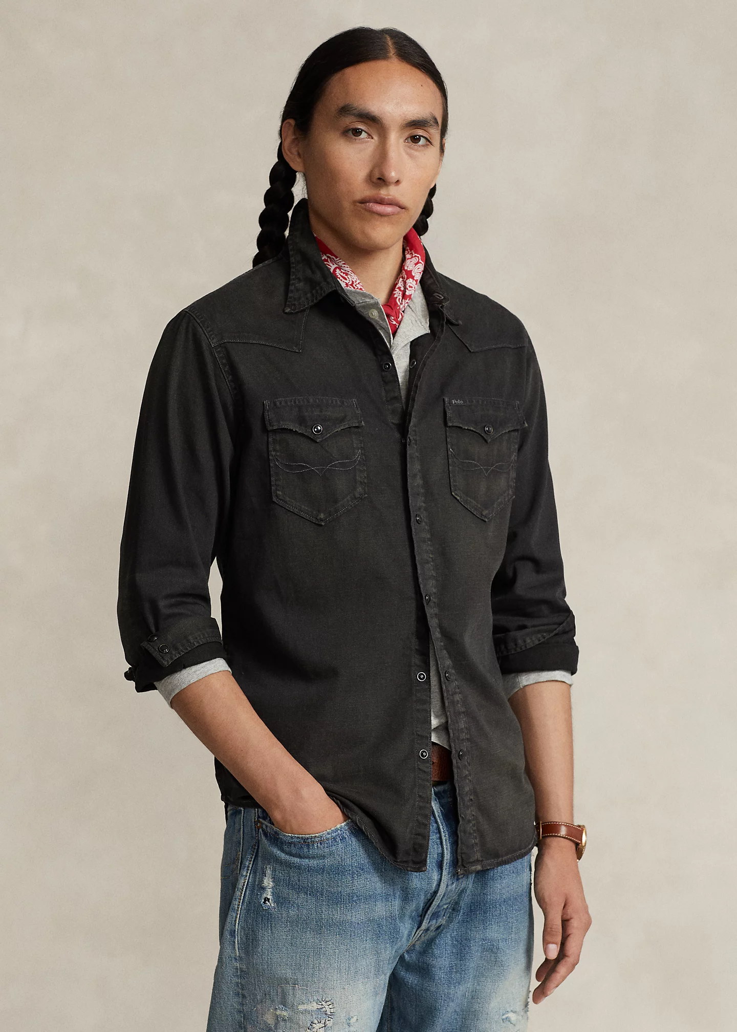Garment-Dyed Denim Western Shirt