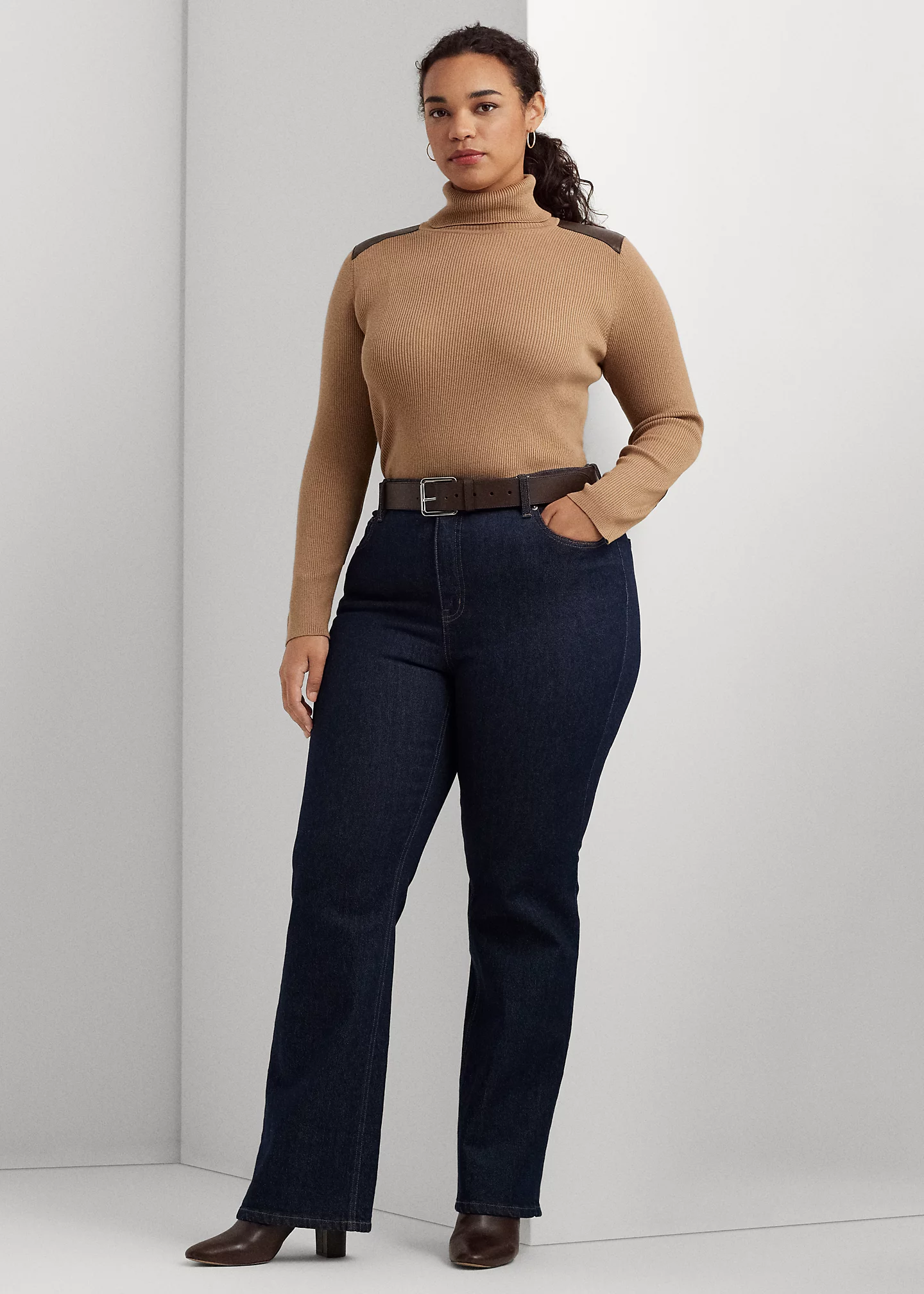 Faux-Leather-Trim Ribbed Turtleneck