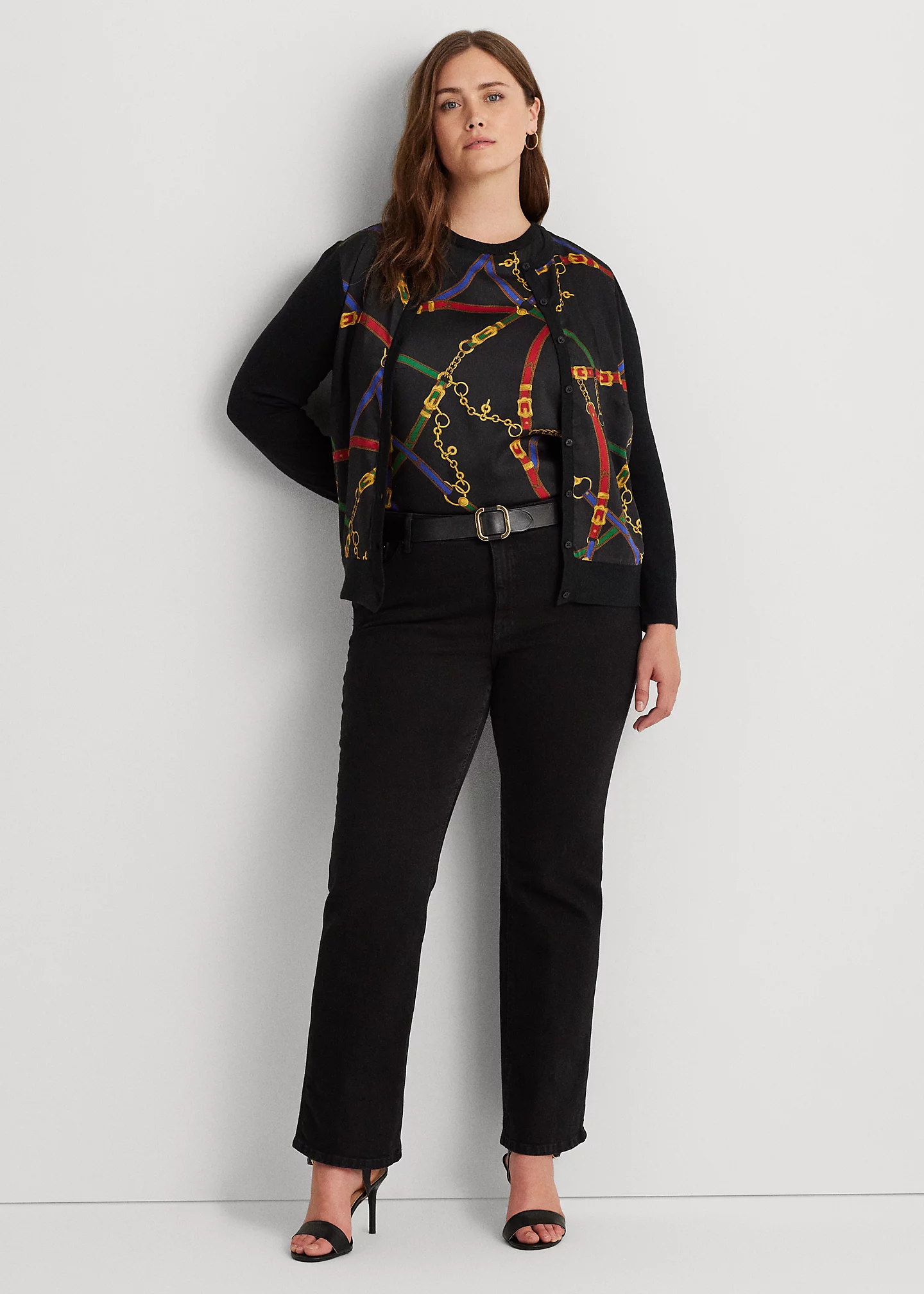 Belting-Print Twill & Jersey Cardigan