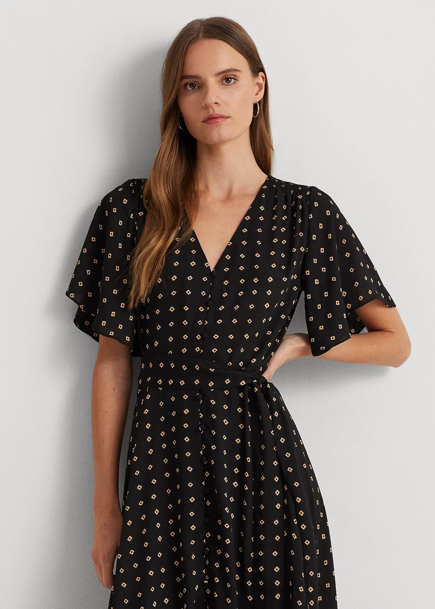 Geo-Print Crepe Flutter-Sleeve Dress