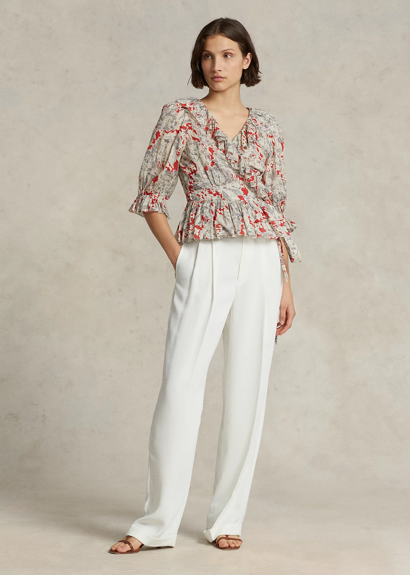 Ruffled Floral Cotton Wrap Top