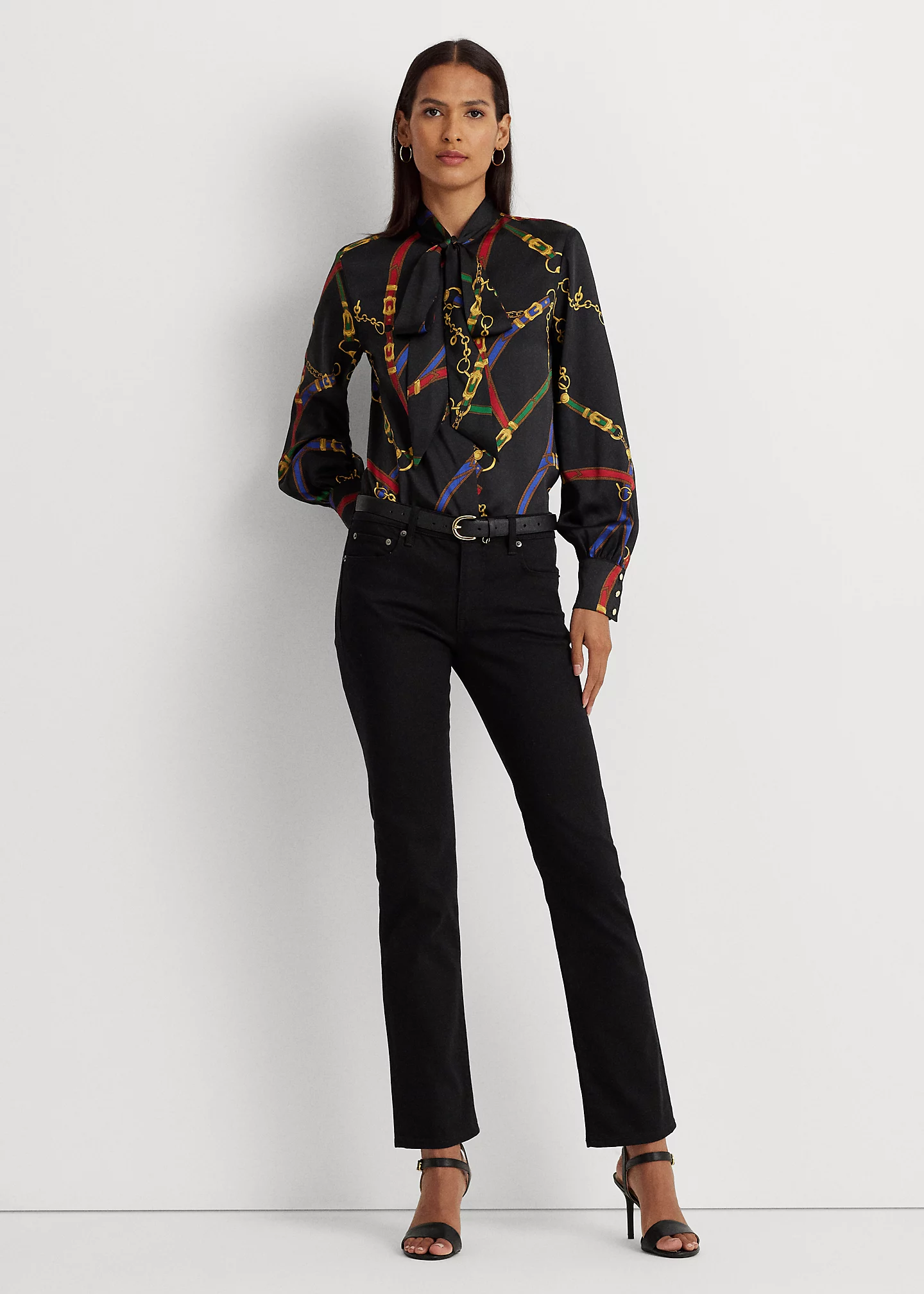 Belting-Print Twill Tie-Neck Blouse
