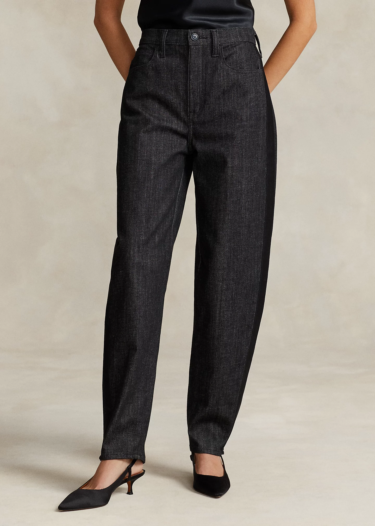 Satin-Stripe Curved Tapered Jean