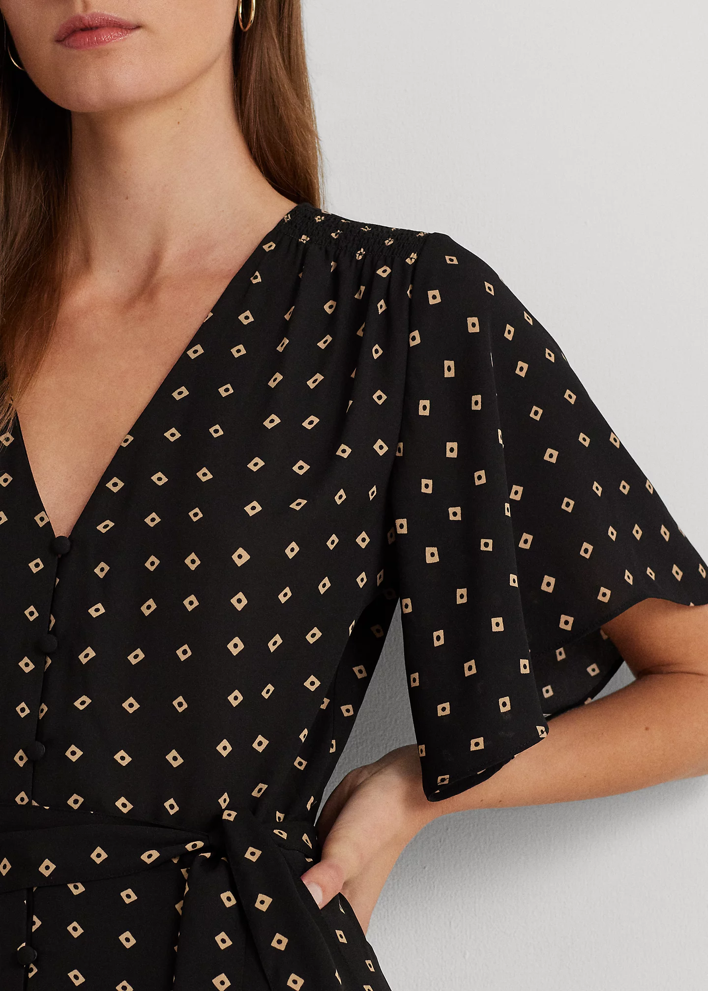 Geo-Print Crepe Flutter-Sleeve Dress