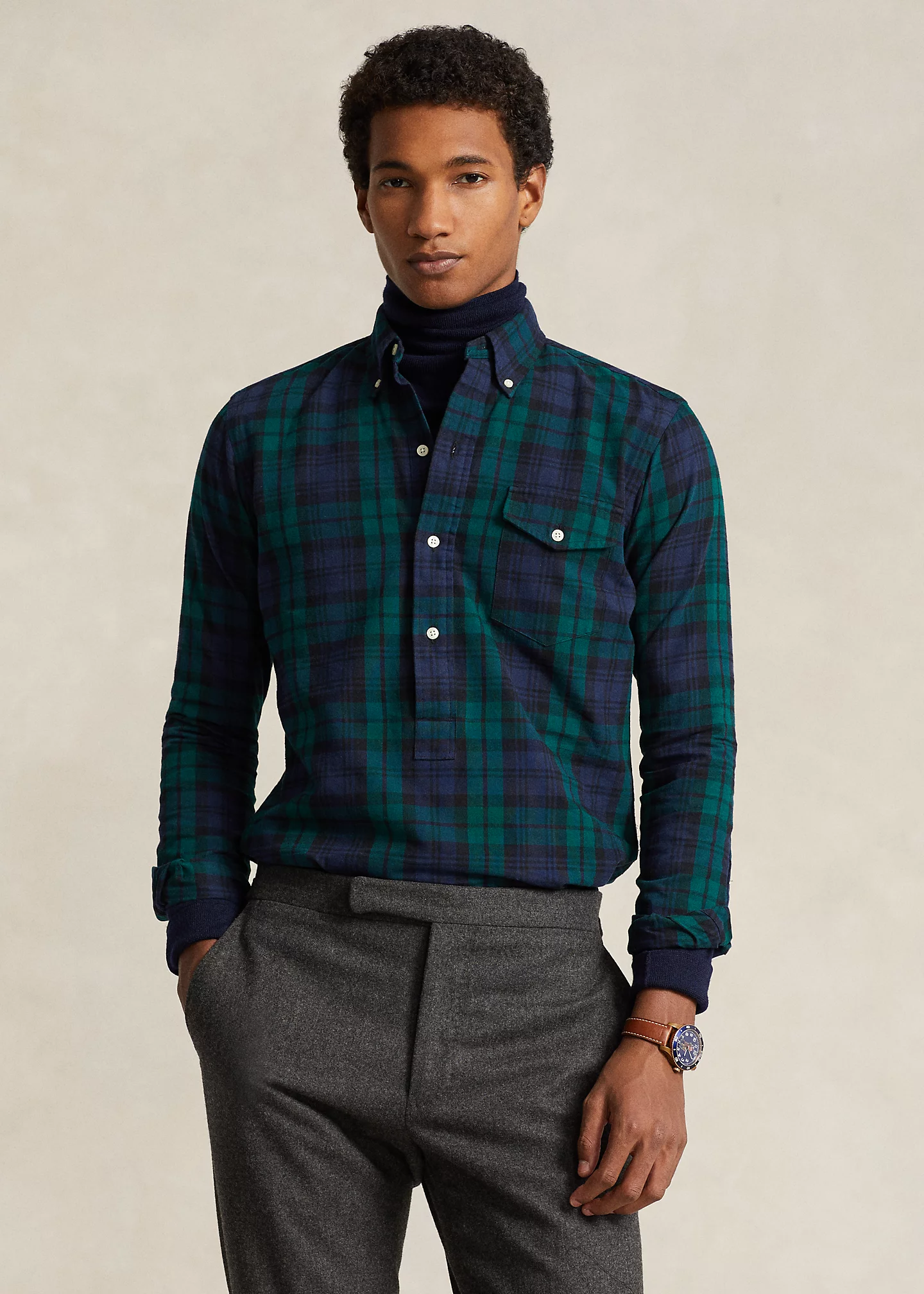 Classic Fit Plaid Oxford Popover Shirt