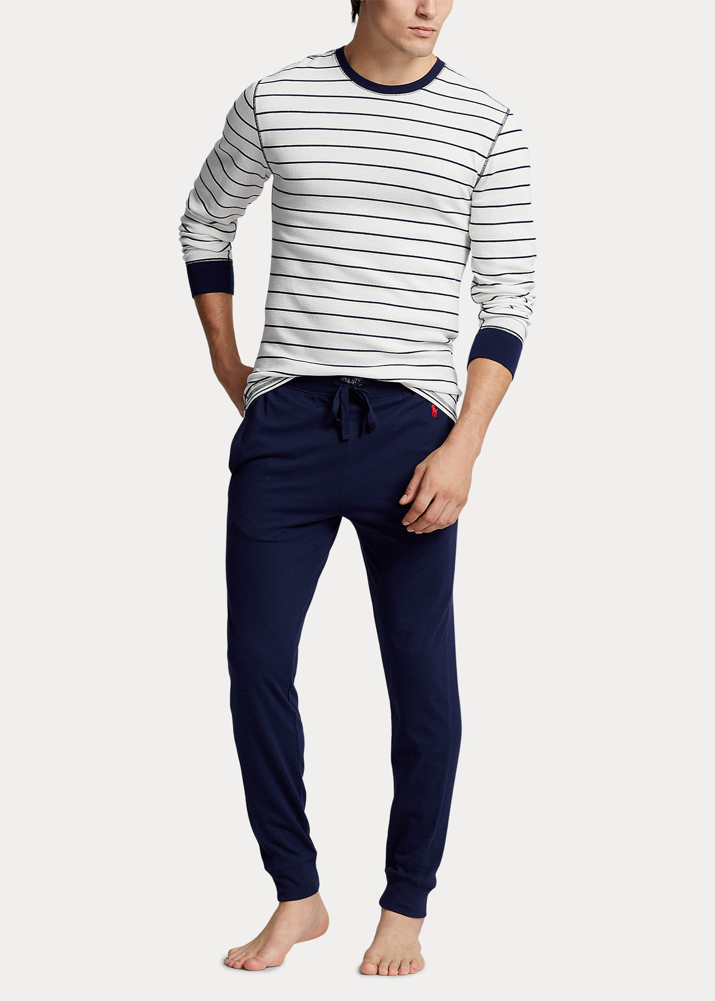 Striped Waffle-Knit Crewneck Sleep Shirt