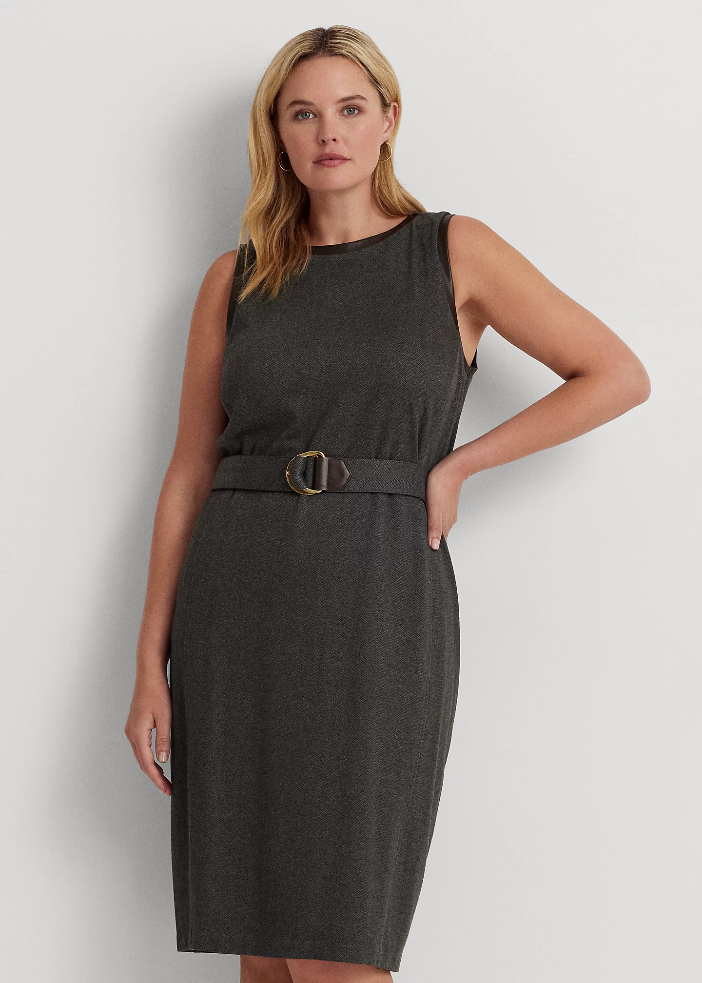 Faux-Leather-Trim Belted Jacquard Dress