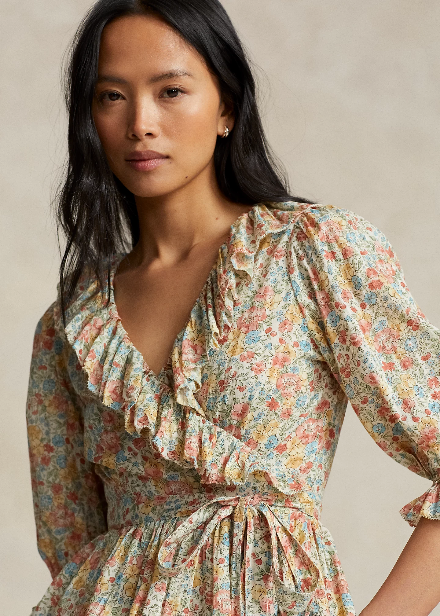 Ruffled Floral Motif Cotton Wrap Top