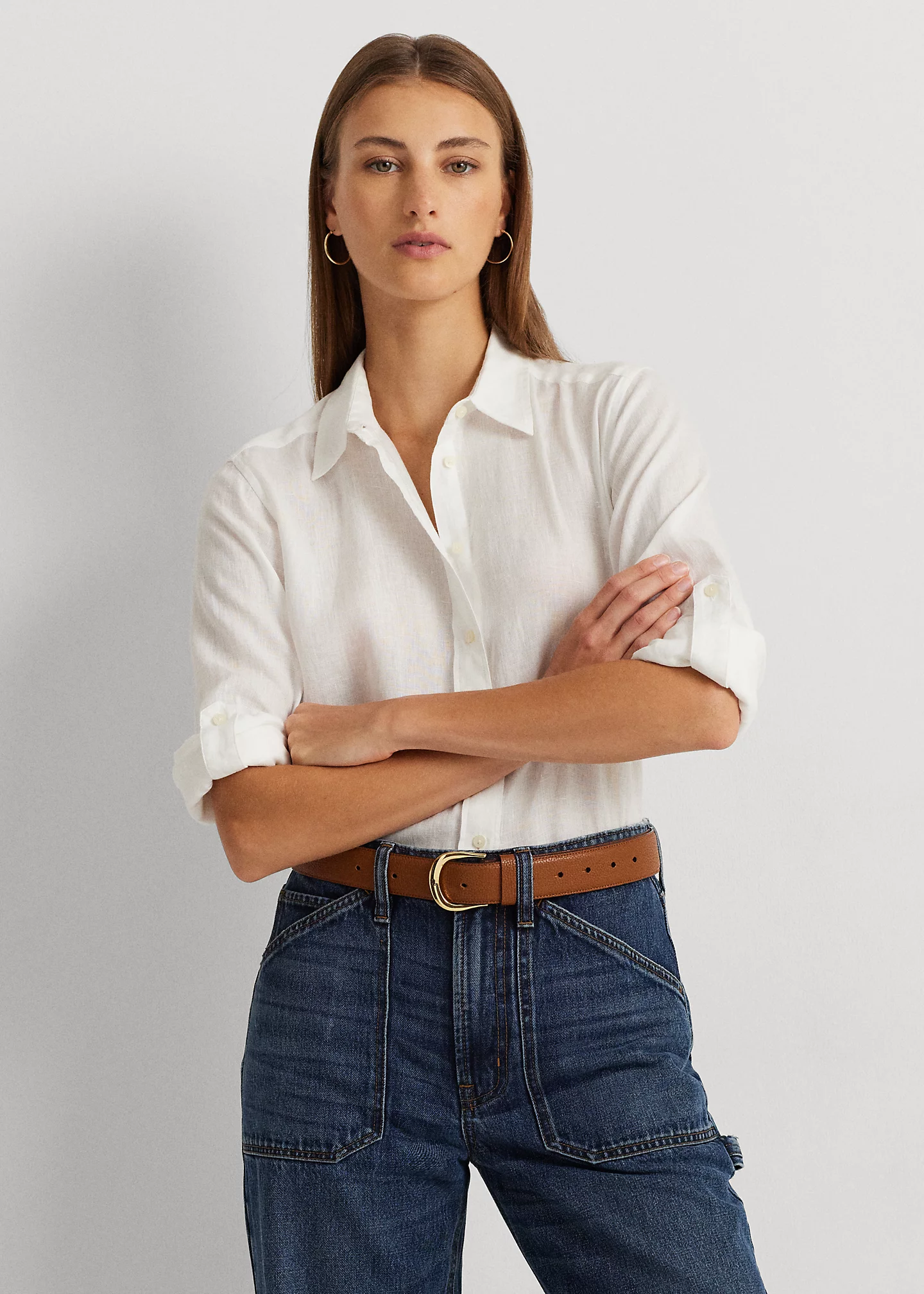 Relaxed Fit Linen Roll Tab–Sleeve Shirt