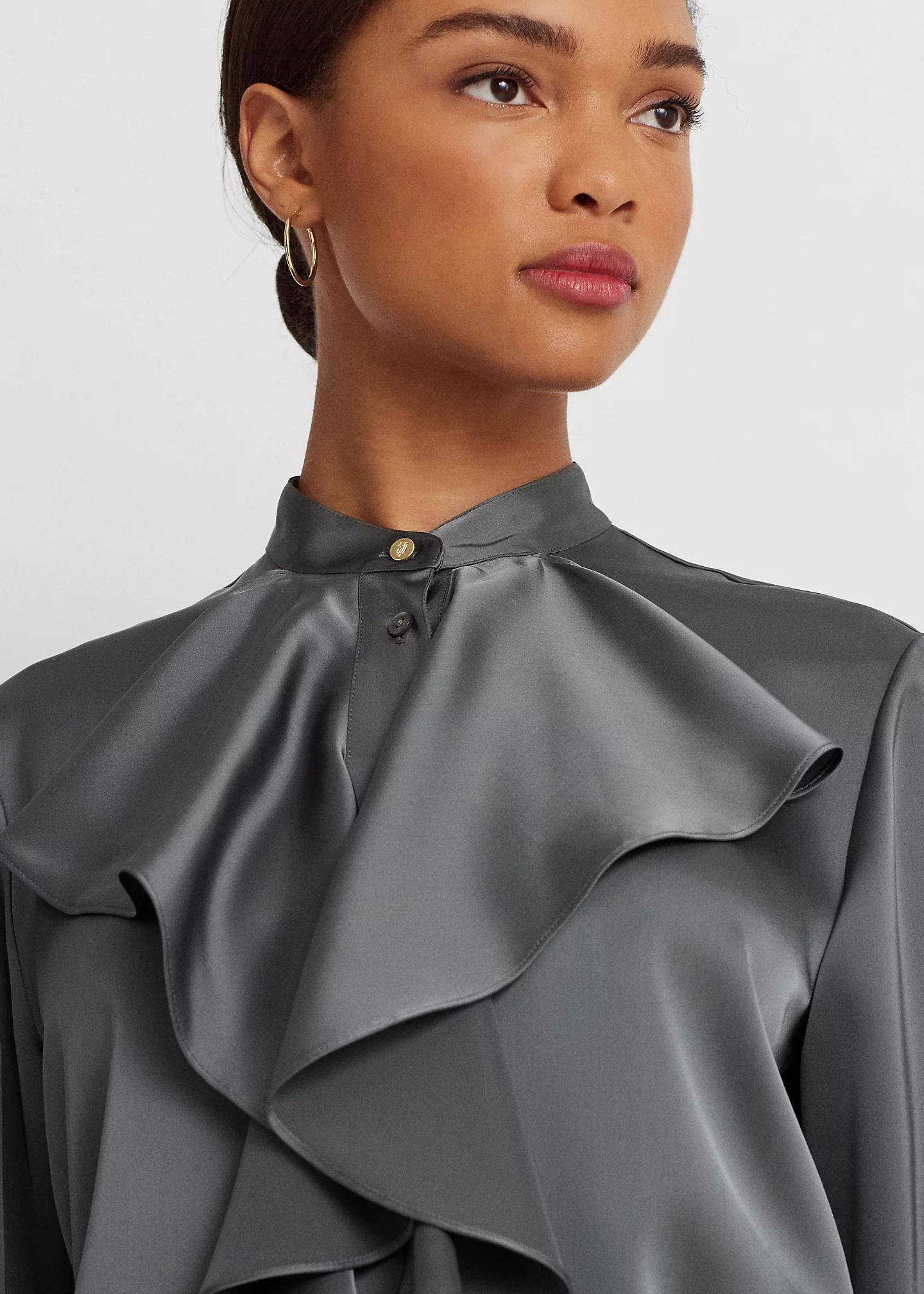 Ruffle-Trim Satin Charmeuse Shirt