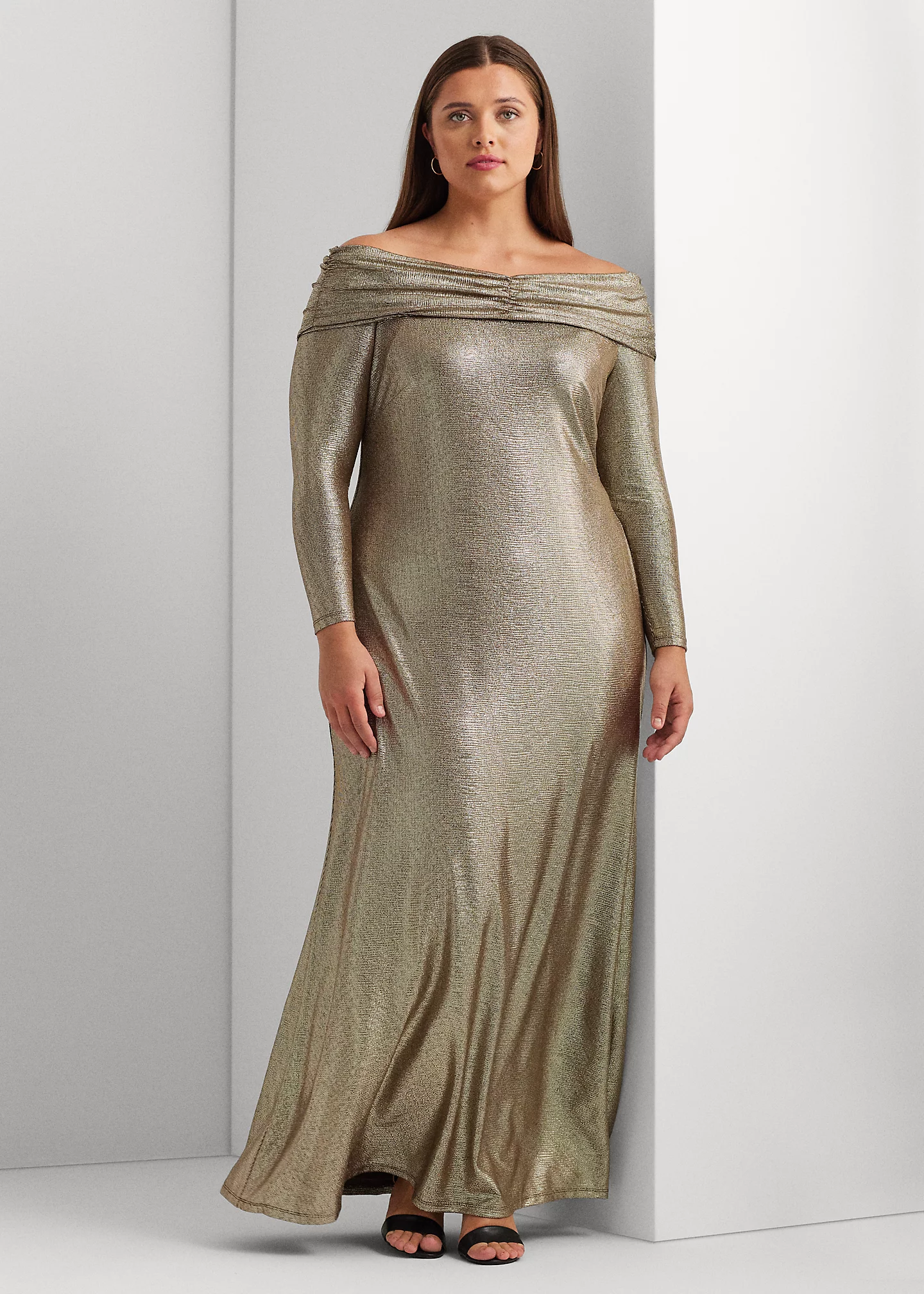 Metallic Knit Off-the-Shoulder Gown