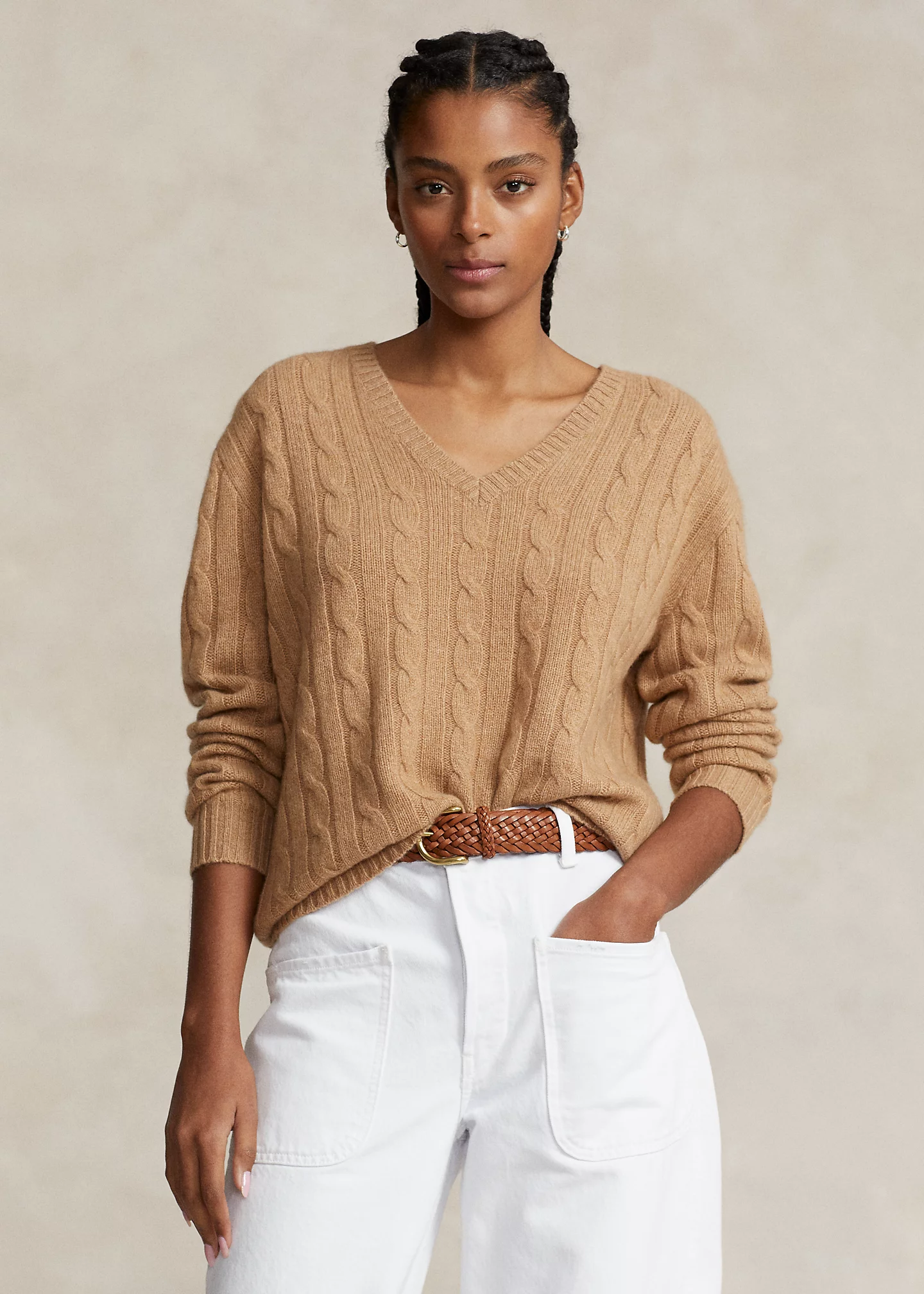 Cable-Knit Cashmere V-Neck Sweater