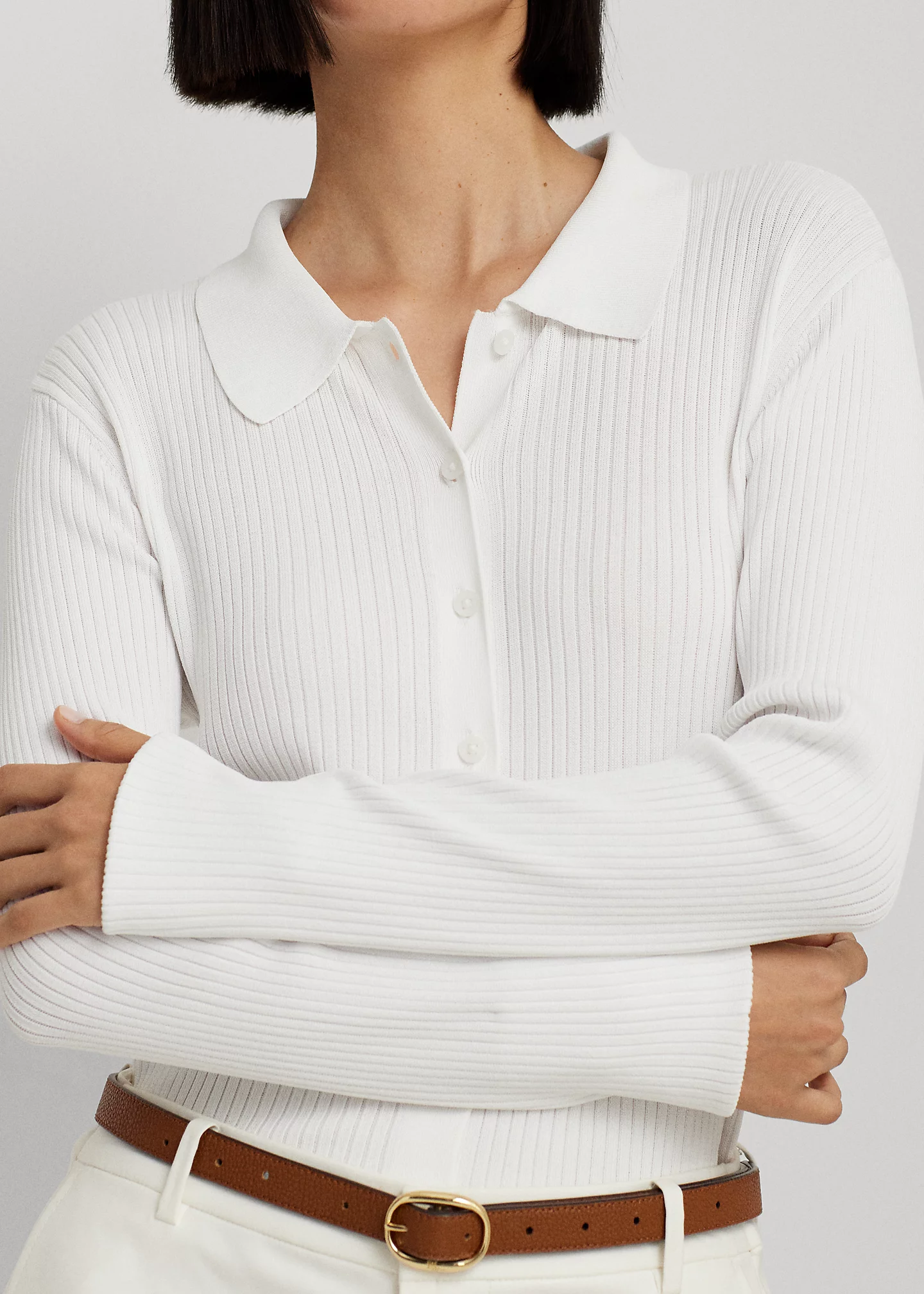 Rib-Knit Long-Sleeve Polo Cardigan