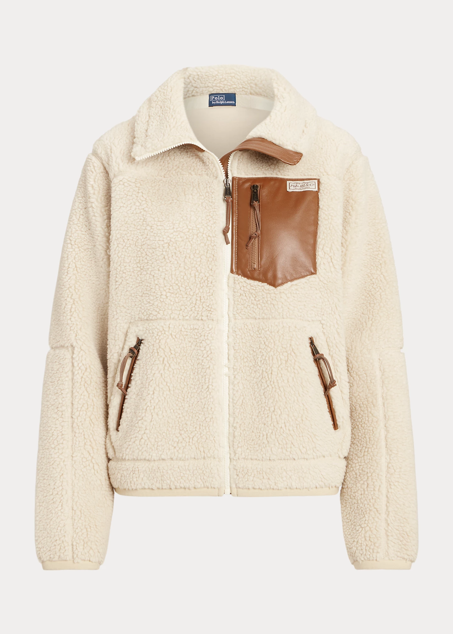 Leather-Trim High-Pile Fleece Jacket